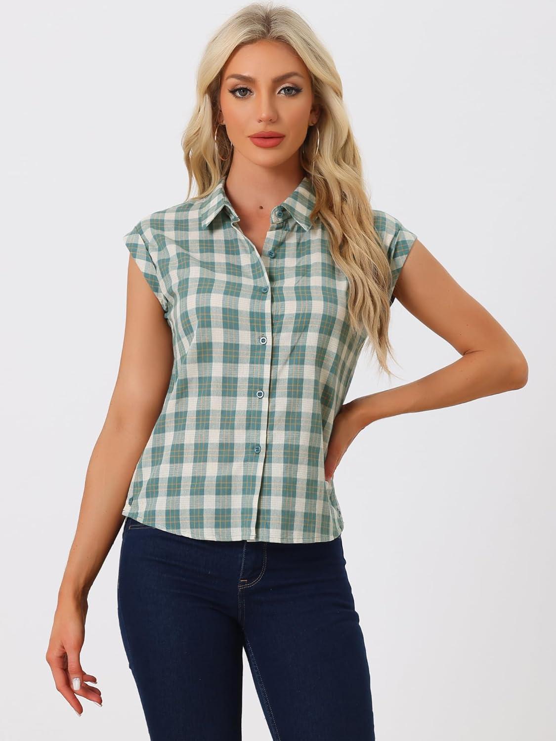 imageAllegra K Womens St Patricks Day Plaid Tops Casual Short Sleeves Western Button Down ShirtGreen White