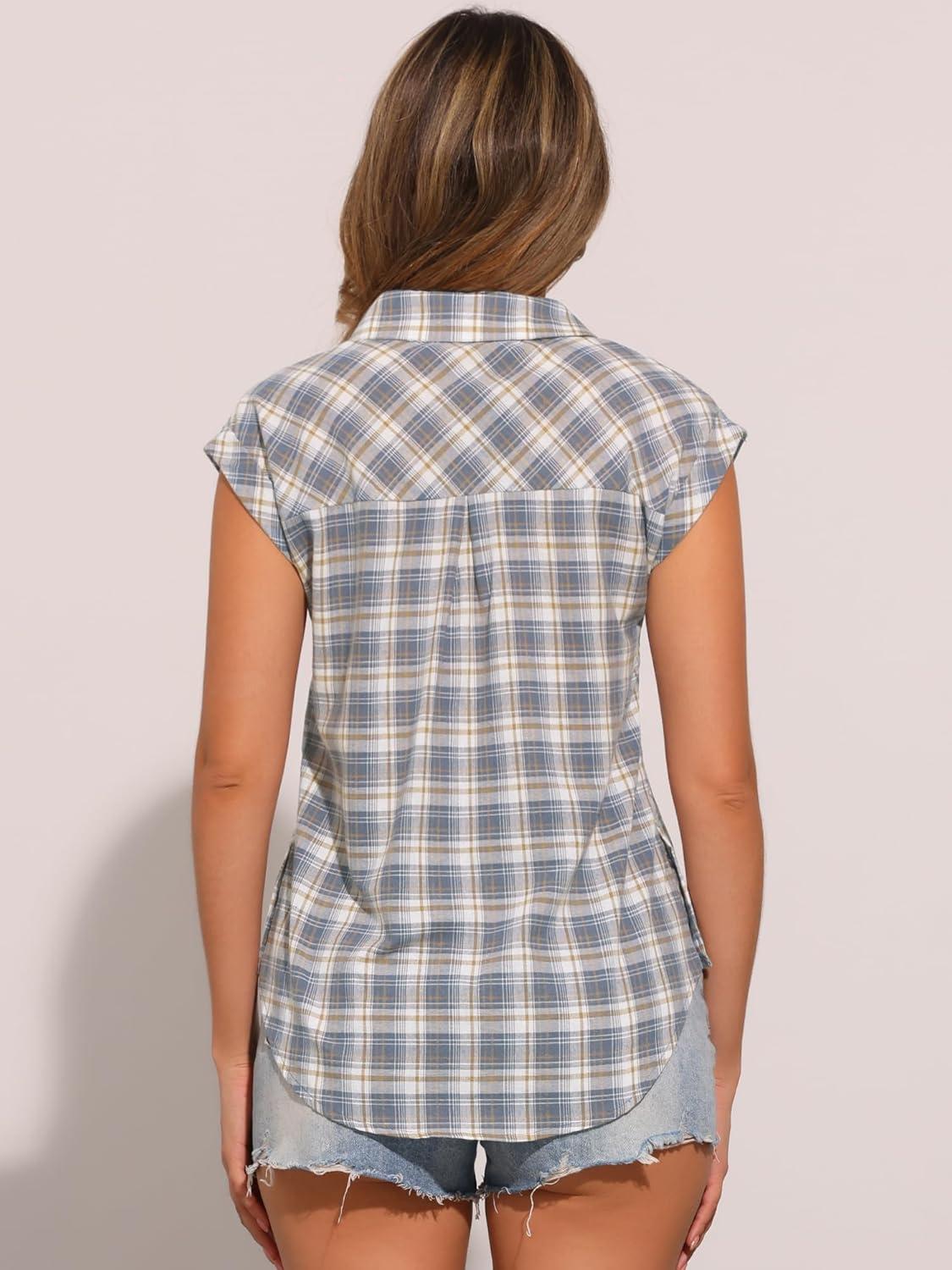 imageAllegra K Womens St Patricks Day Plaid Tops Casual Short Sleeves Western Button Down ShirtGrey Blue