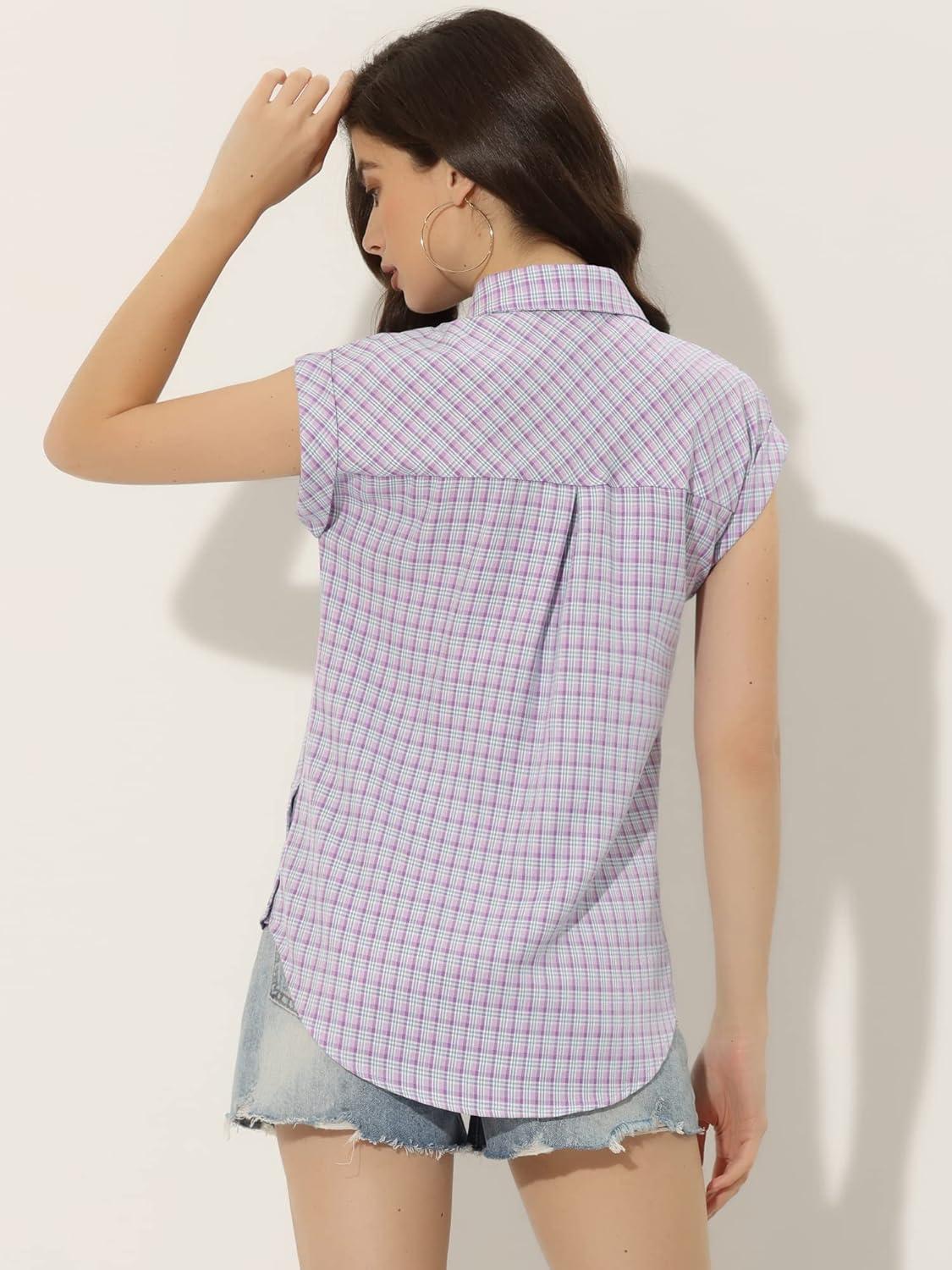 imageAllegra K Womens St Patricks Day Plaid Tops Casual Short Sleeves Western Button Down ShirtLilac