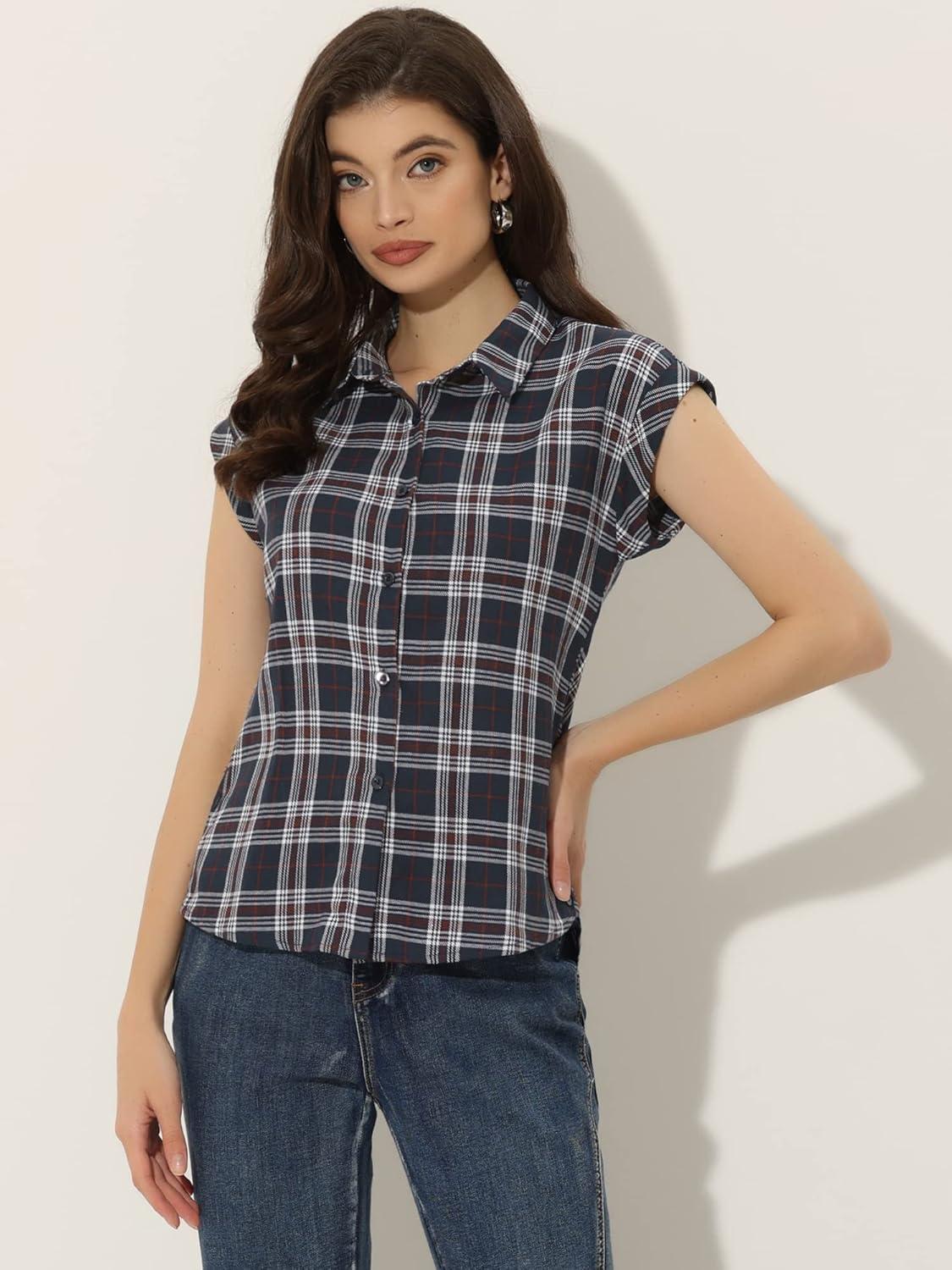 imageAllegra K Womens St Patricks Day Plaid Tops Casual Short Sleeves Western Button Down ShirtNavy Blue