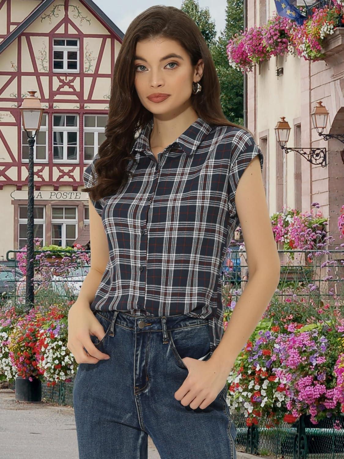 imageAllegra K Womens St Patricks Day Plaid Tops Casual Short Sleeves Western Button Down ShirtNavy Blue