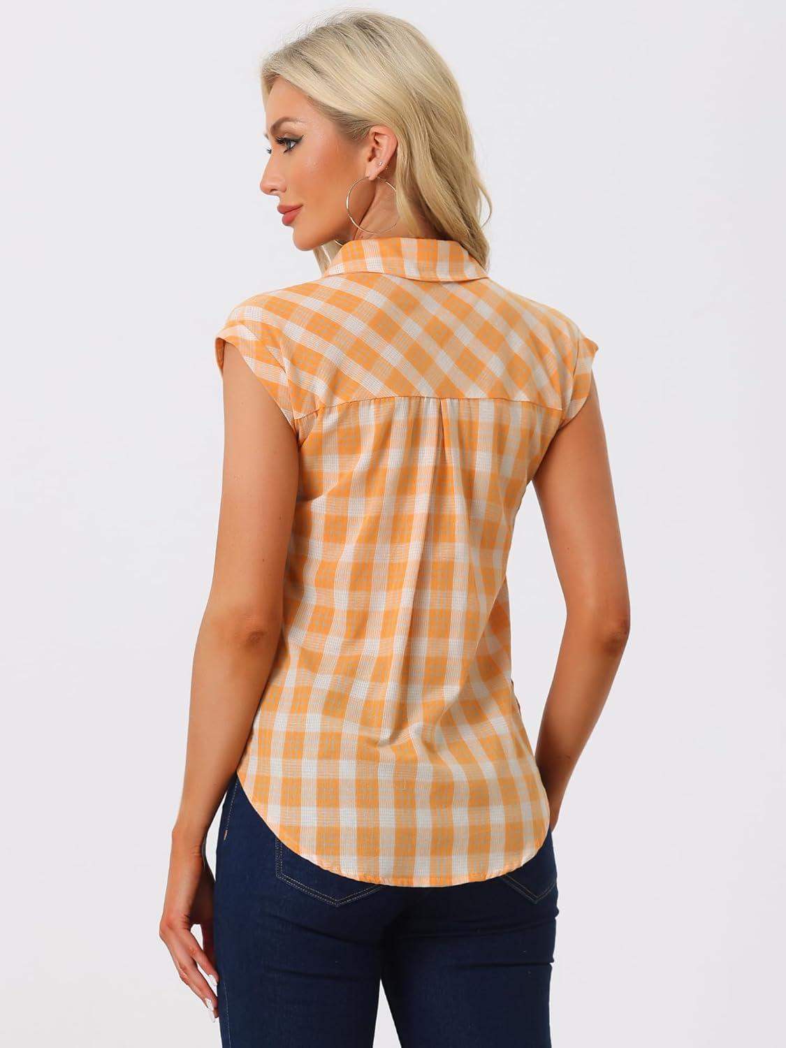 imageAllegra K Womens St Patricks Day Plaid Tops Casual Short Sleeves Western Button Down ShirtOrange
