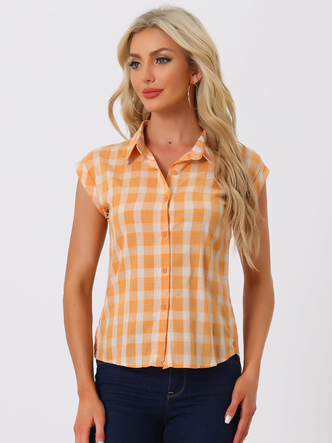 imageAllegra K Womens St Patricks Day Plaid Tops Casual Short Sleeves Western Button Down ShirtOrange