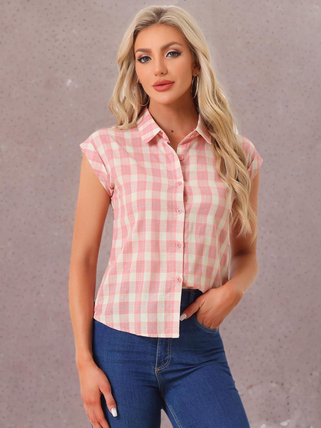 imageAllegra K Womens St Patricks Day Plaid Tops Casual Short Sleeves Western Button Down ShirtPinkbeige