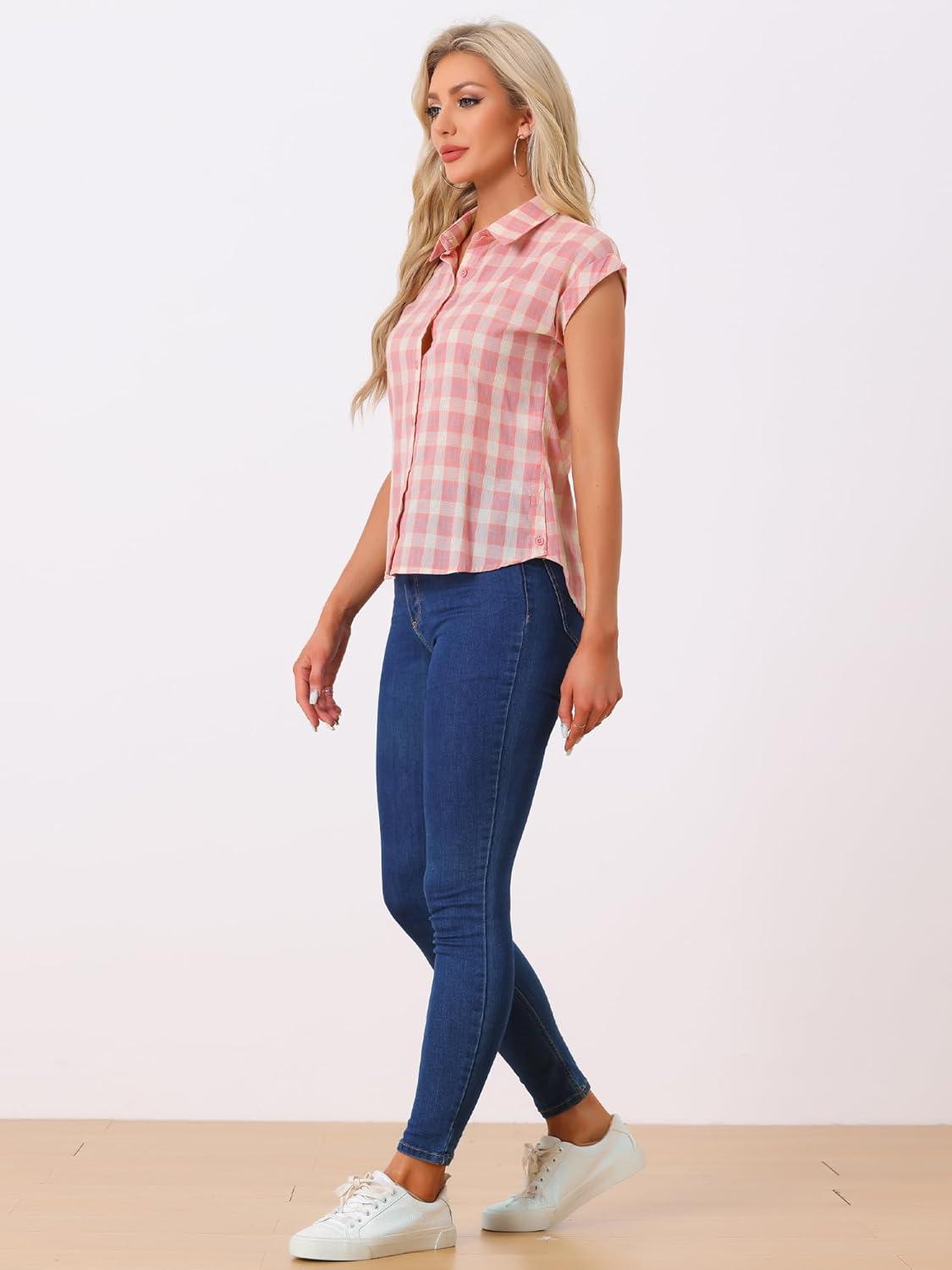 imageAllegra K Womens St Patricks Day Plaid Tops Casual Short Sleeves Western Button Down ShirtPinkbeige