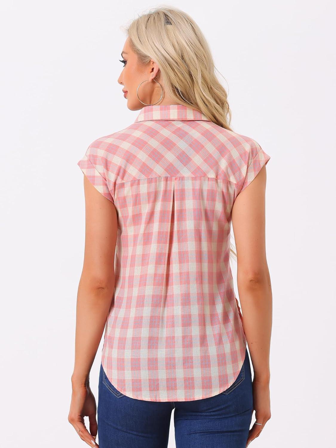 imageAllegra K Womens St Patricks Day Plaid Tops Casual Short Sleeves Western Button Down ShirtPinkbeige