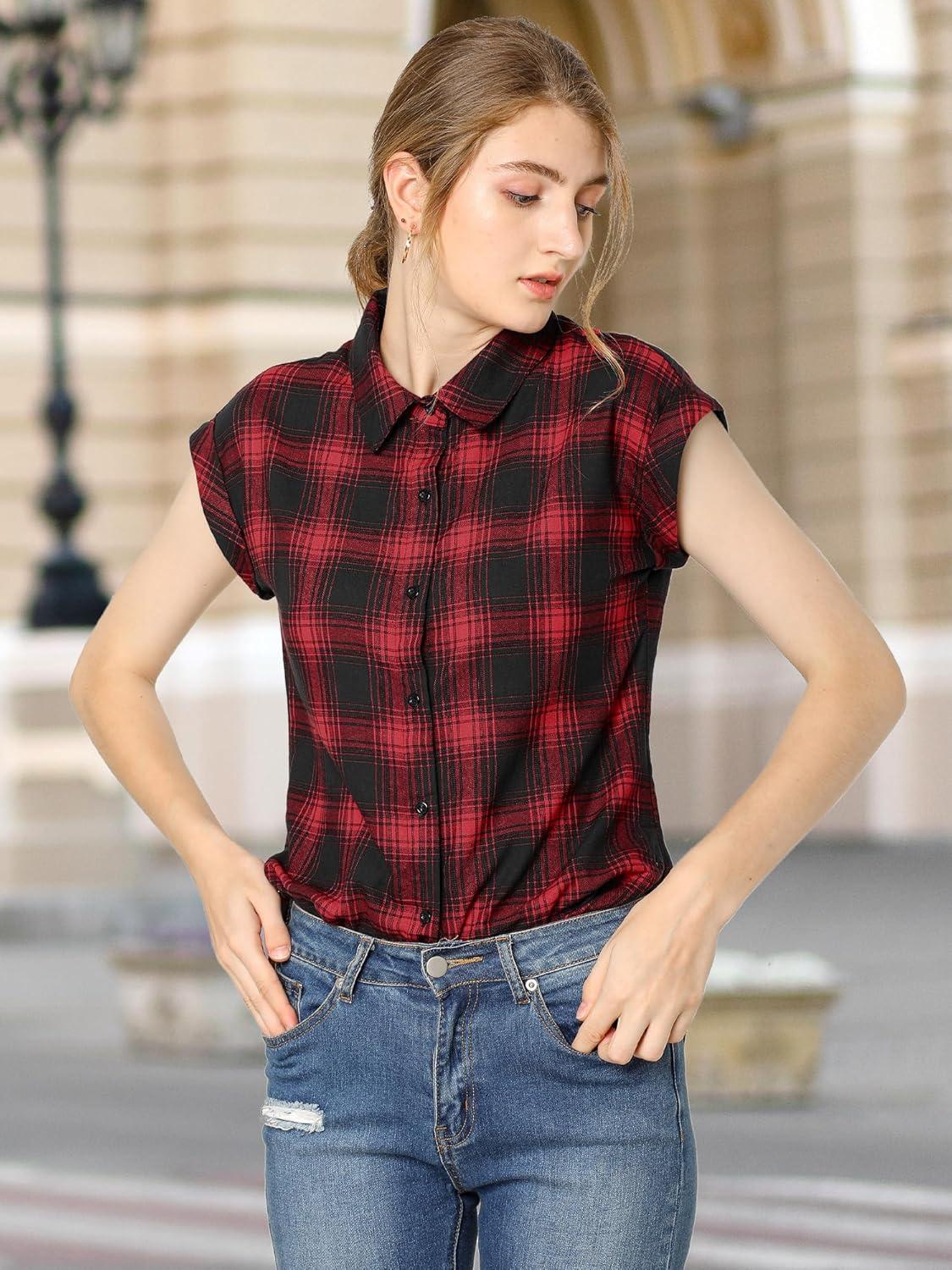 imageAllegra K Womens St Patricks Day Plaid Tops Casual Short Sleeves Western Button Down ShirtRed