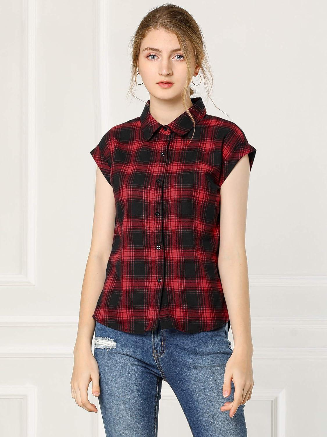 imageAllegra K Womens St Patricks Day Plaid Tops Casual Short Sleeves Western Button Down ShirtRed