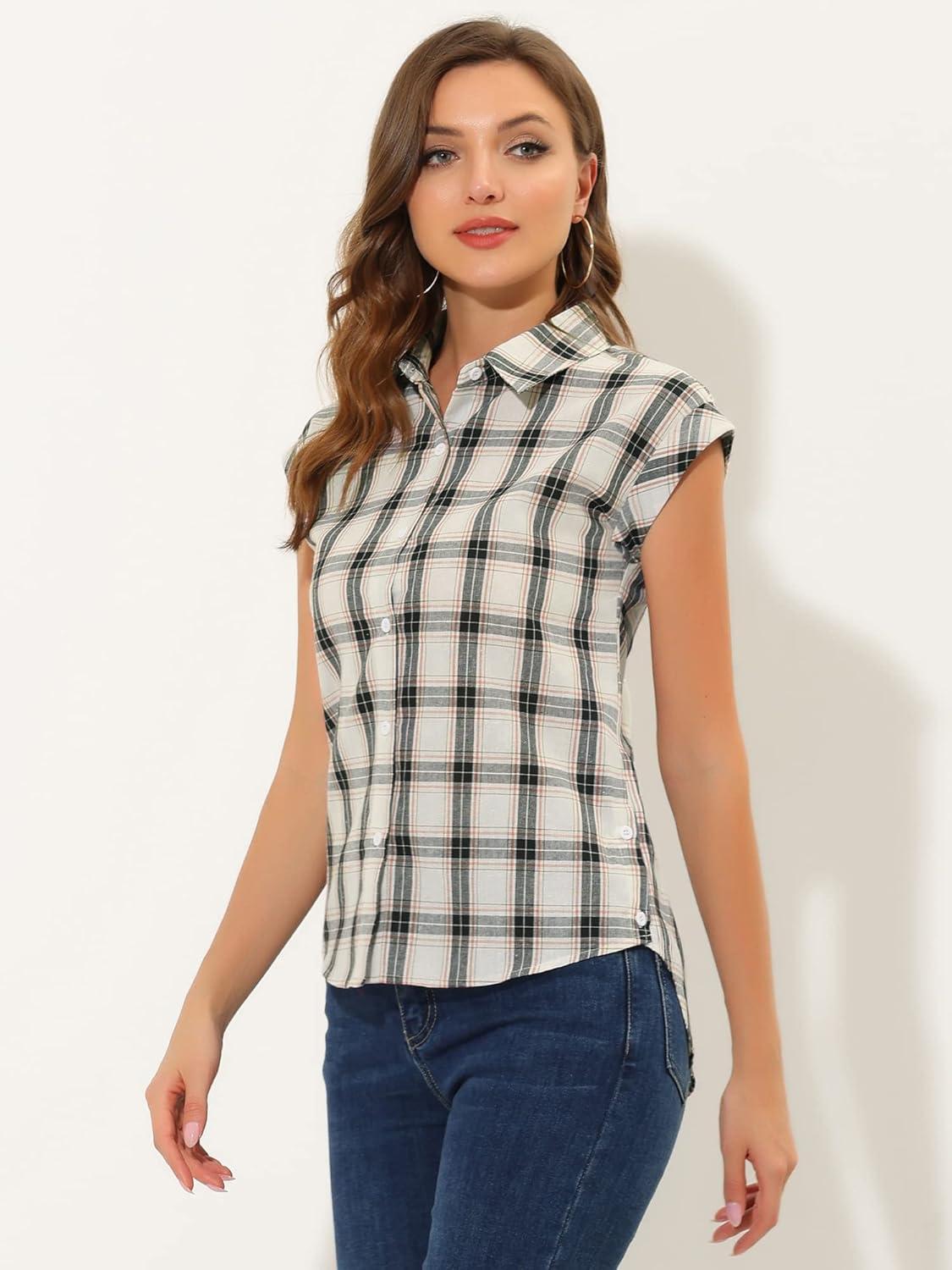 imageAllegra K Womens St Patricks Day Plaid Tops Casual Short Sleeves Western Button Down ShirtWhite