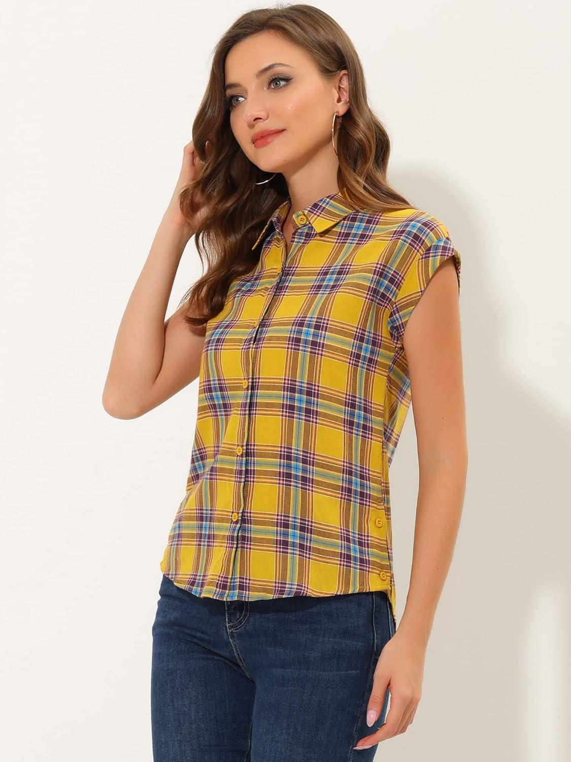 imageAllegra K Womens St Patricks Day Plaid Tops Casual Short Sleeves Western Button Down ShirtYellow