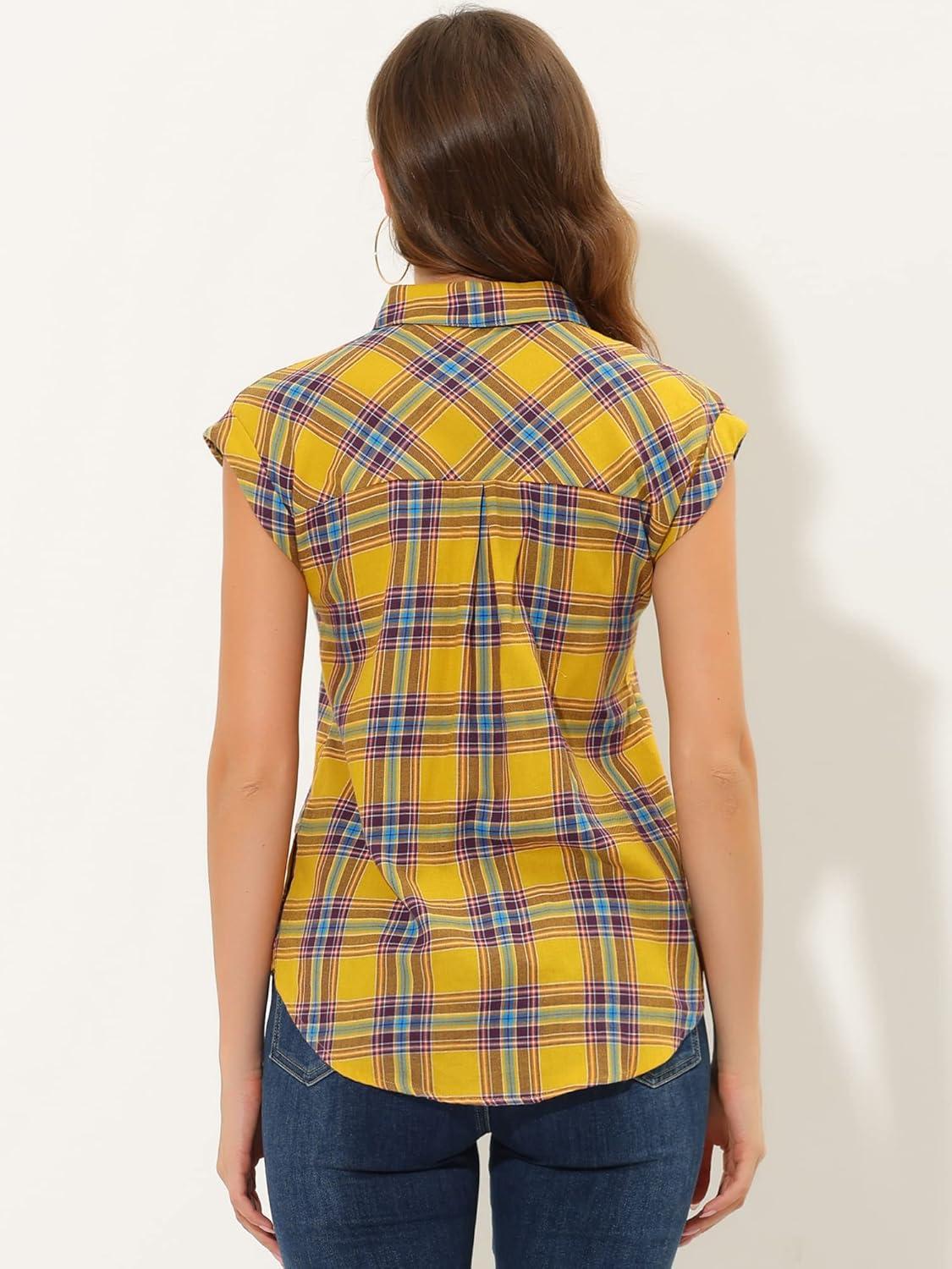imageAllegra K Womens St Patricks Day Plaid Tops Casual Short Sleeves Western Button Down ShirtYellow
