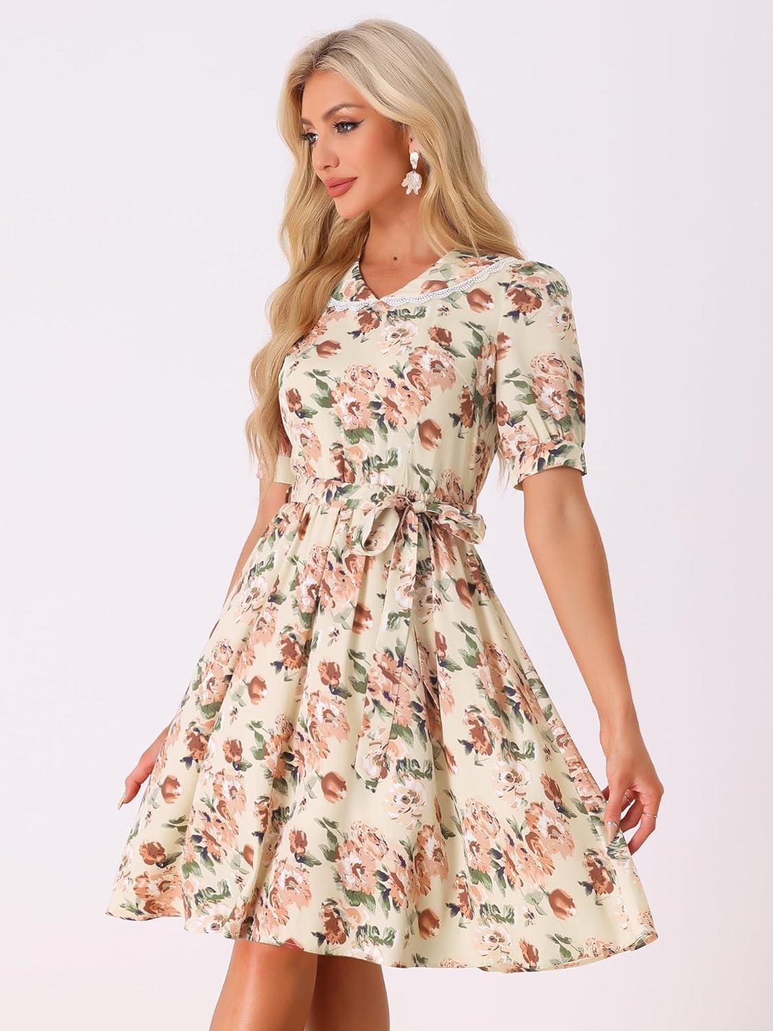imageAllegra K Womens Vintage Peter Pan Collar High Waist Flowy Midi Puff Sleeve Floral DressBeige Pink
