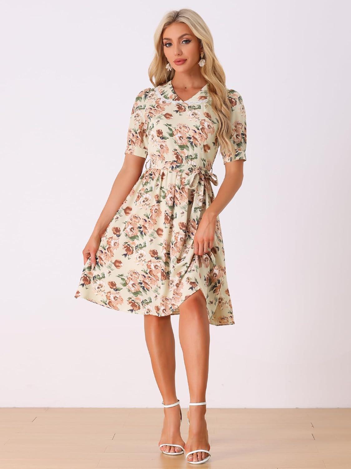 imageAllegra K Womens Vintage Peter Pan Collar High Waist Flowy Midi Puff Sleeve Floral DressBeige Pink
