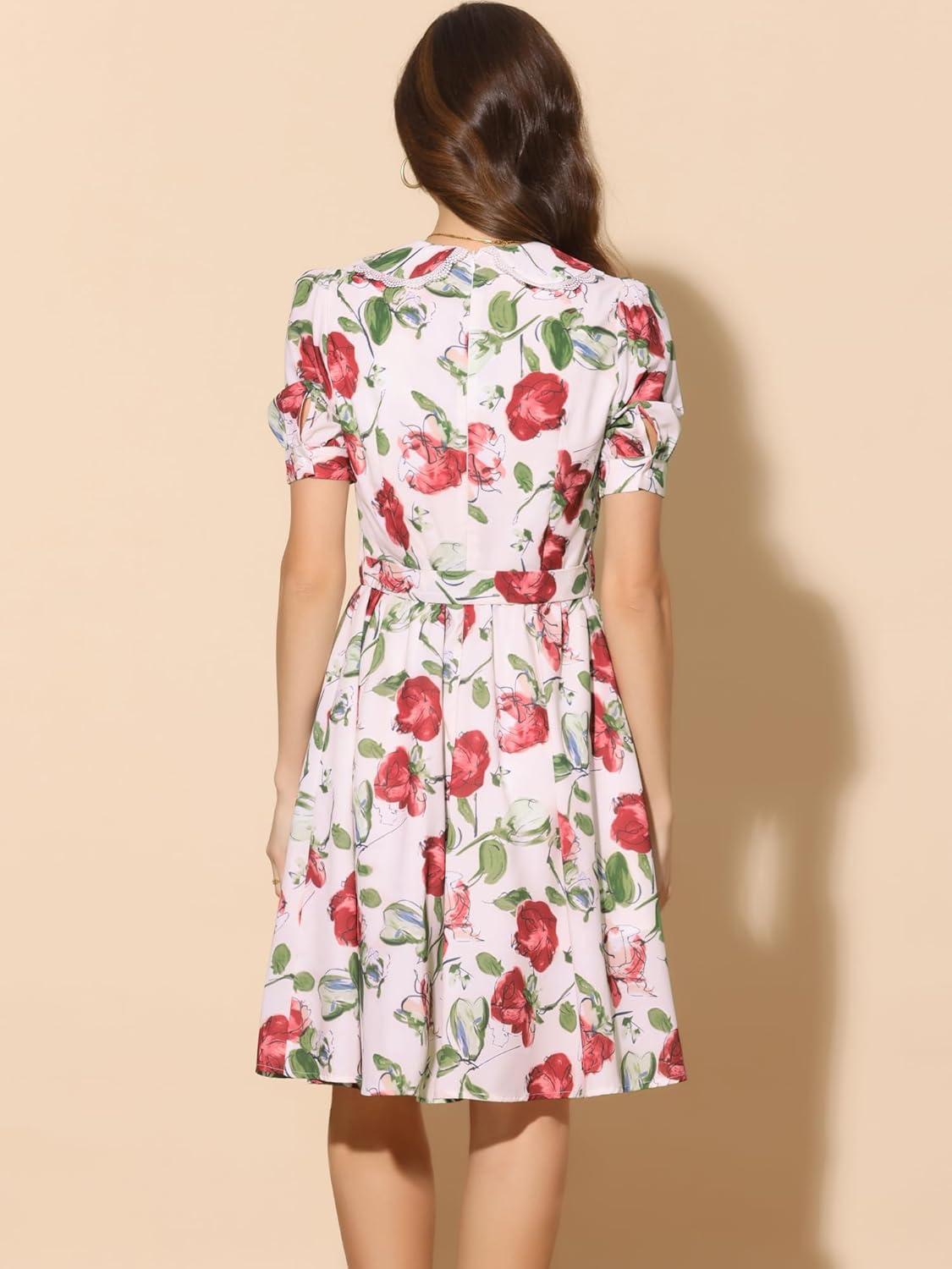 imageAllegra K Womens Vintage Peter Pan Collar High Waist Flowy Midi Puff Sleeve Floral DressBeige Red