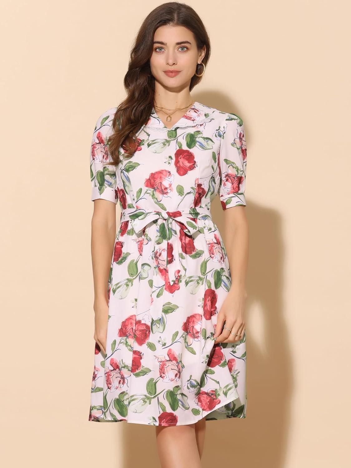 imageAllegra K Womens Vintage Peter Pan Collar High Waist Flowy Midi Puff Sleeve Floral DressBeige Red