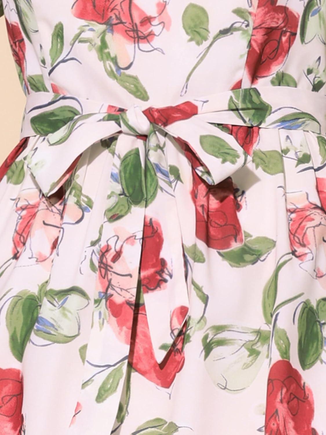 imageAllegra K Womens Vintage Peter Pan Collar High Waist Flowy Midi Puff Sleeve Floral DressBeige Red