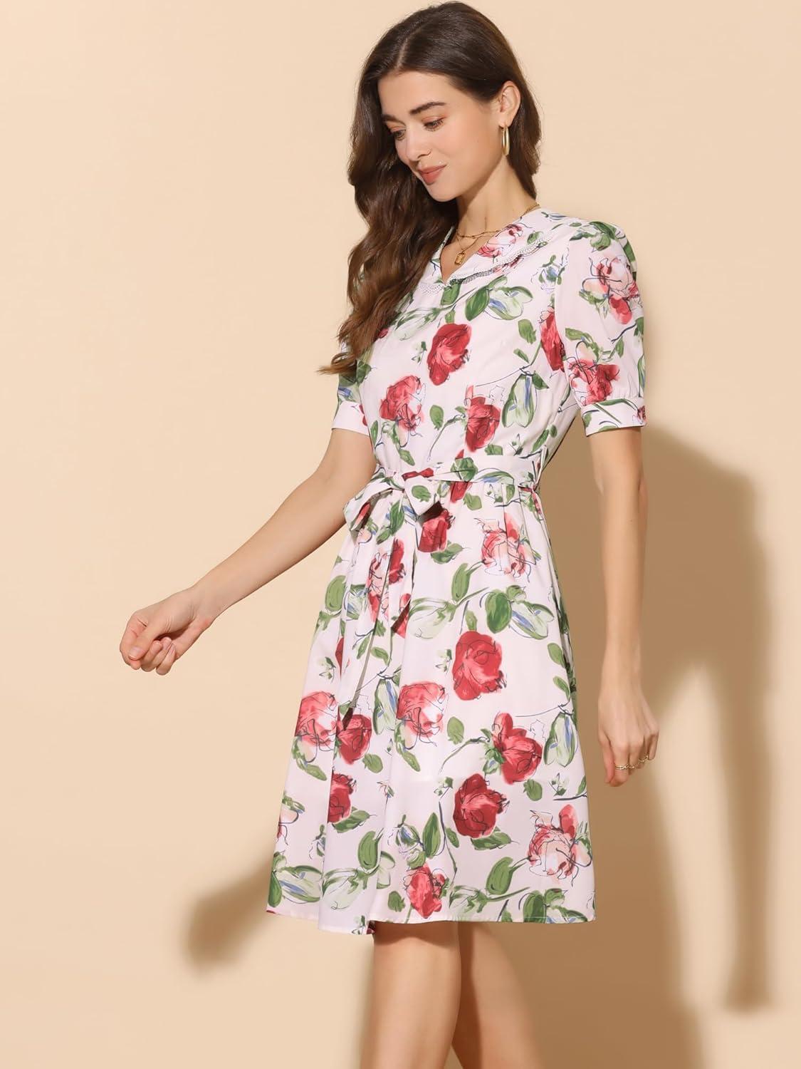 imageAllegra K Womens Vintage Peter Pan Collar High Waist Flowy Midi Puff Sleeve Floral DressBeige Red
