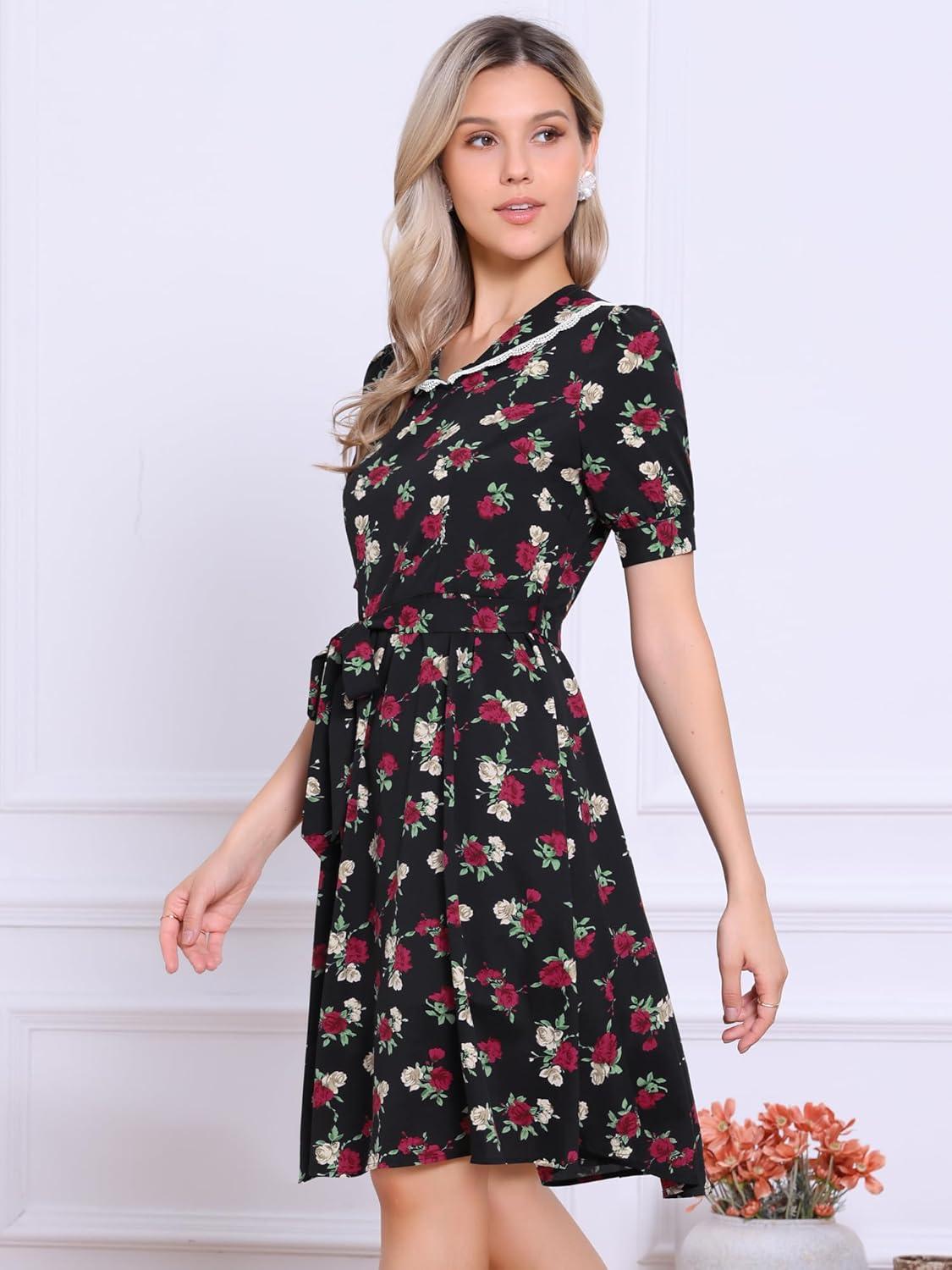 imageAllegra K Womens Vintage Peter Pan Collar High Waist Flowy Midi Puff Sleeve Floral DressBlack Rose