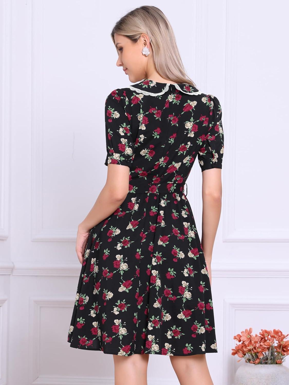 imageAllegra K Womens Vintage Peter Pan Collar High Waist Flowy Midi Puff Sleeve Floral DressBlack Rose
