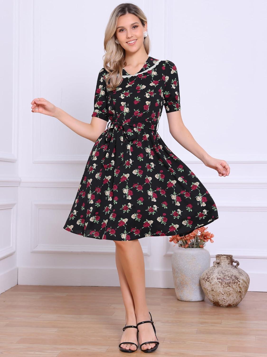imageAllegra K Womens Vintage Peter Pan Collar High Waist Flowy Midi Puff Sleeve Floral DressBlack Rose