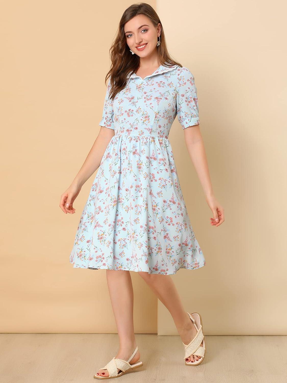 imageAllegra K Womens Vintage Peter Pan Collar High Waist Flowy Midi Puff Sleeve Floral DressBlue