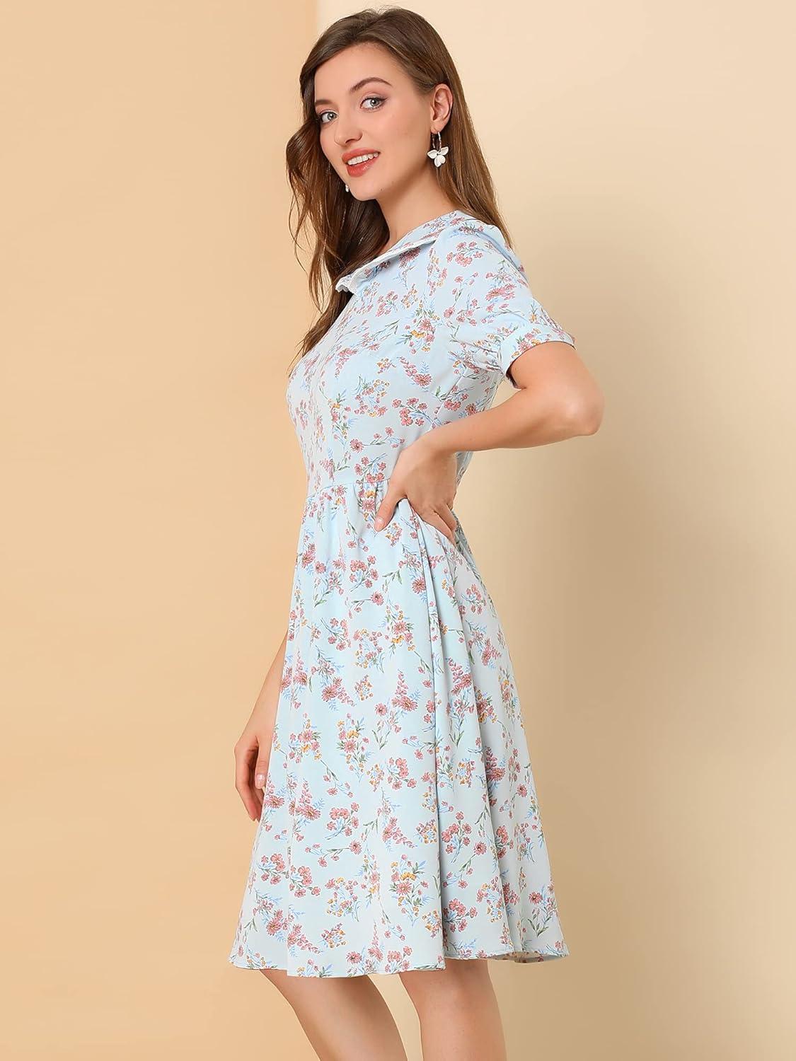imageAllegra K Womens Vintage Peter Pan Collar High Waist Flowy Midi Puff Sleeve Floral DressBlue