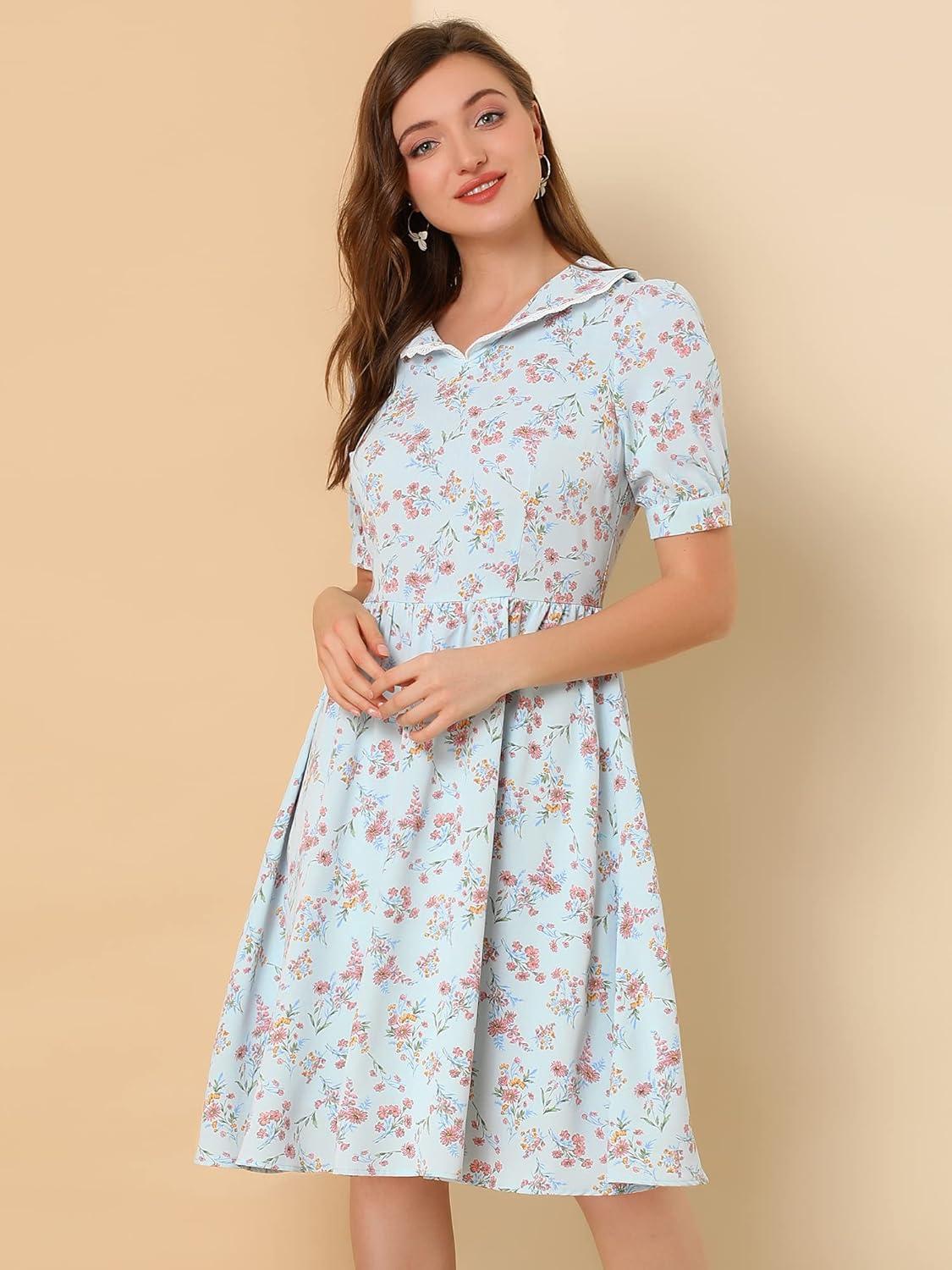 imageAllegra K Womens Vintage Peter Pan Collar High Waist Flowy Midi Puff Sleeve Floral DressBlue