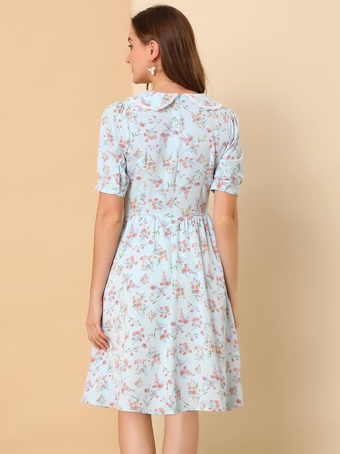 imageAllegra K Womens Vintage Peter Pan Collar High Waist Flowy Midi Puff Sleeve Floral DressBlue