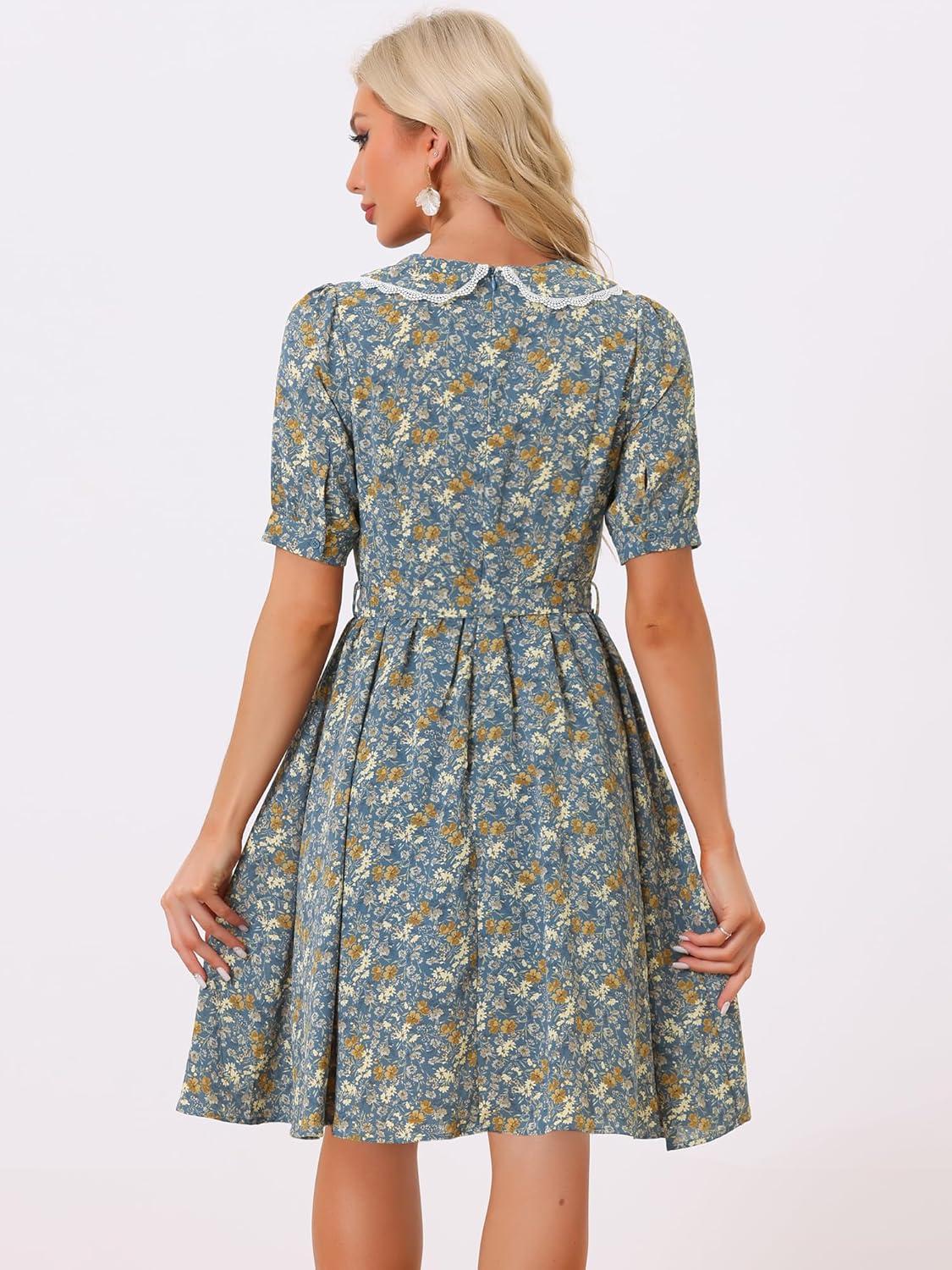 imageAllegra K Womens Vintage Peter Pan Collar High Waist Flowy Midi Puff Sleeve Floral DressGrey Blue