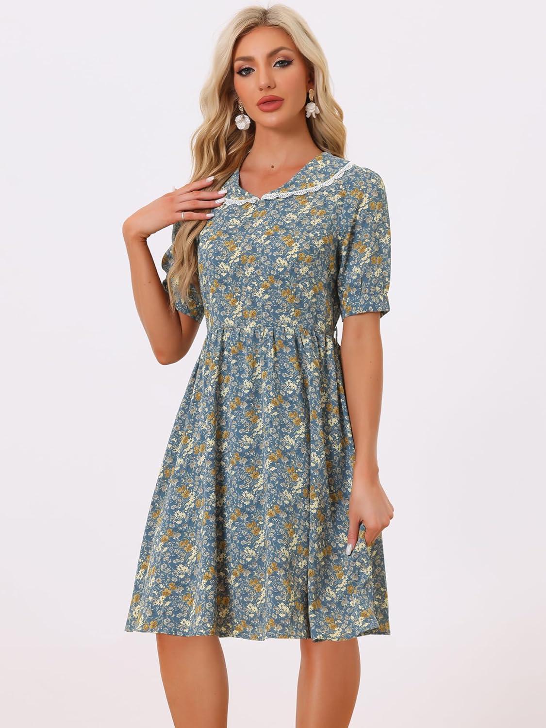 imageAllegra K Womens Vintage Peter Pan Collar High Waist Flowy Midi Puff Sleeve Floral DressGrey Blue