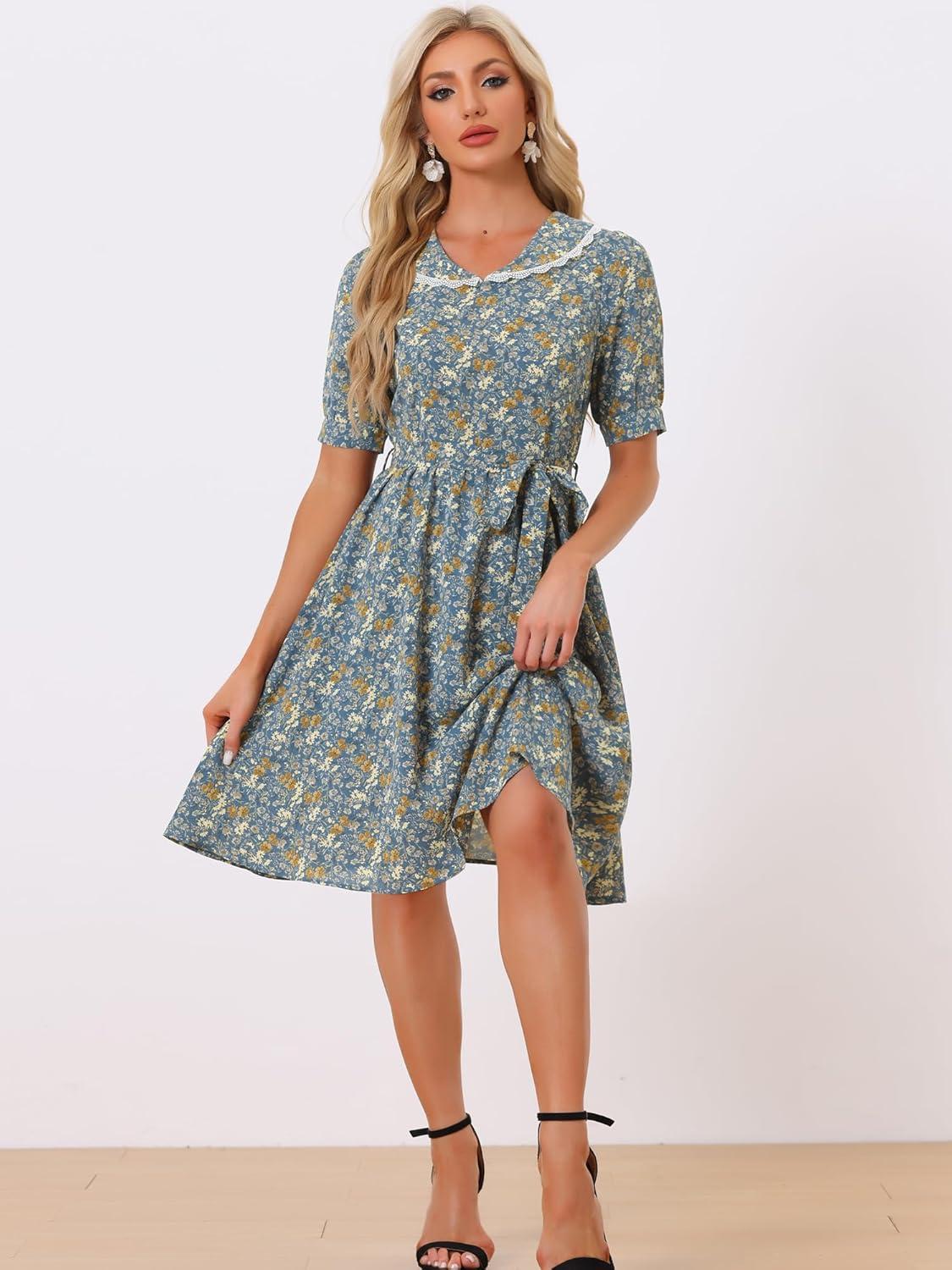 imageAllegra K Womens Vintage Peter Pan Collar High Waist Flowy Midi Puff Sleeve Floral DressGrey Blue