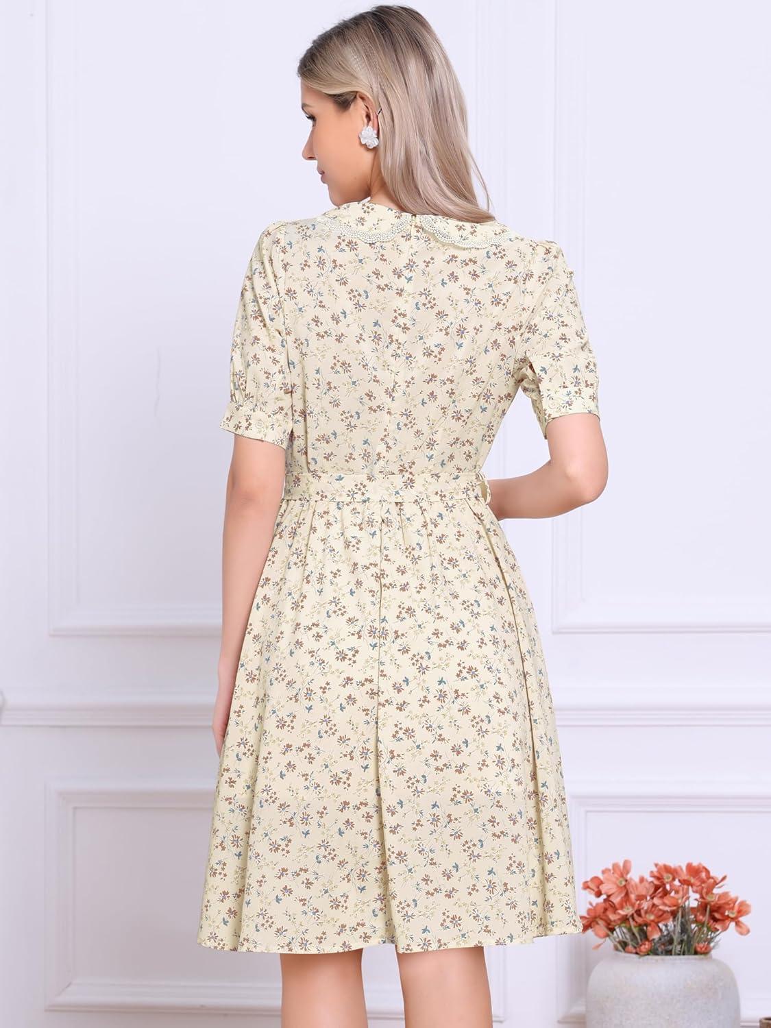 imageAllegra K Womens Vintage Peter Pan Collar High Waist Flowy Midi Puff Sleeve Floral DressLight Beige