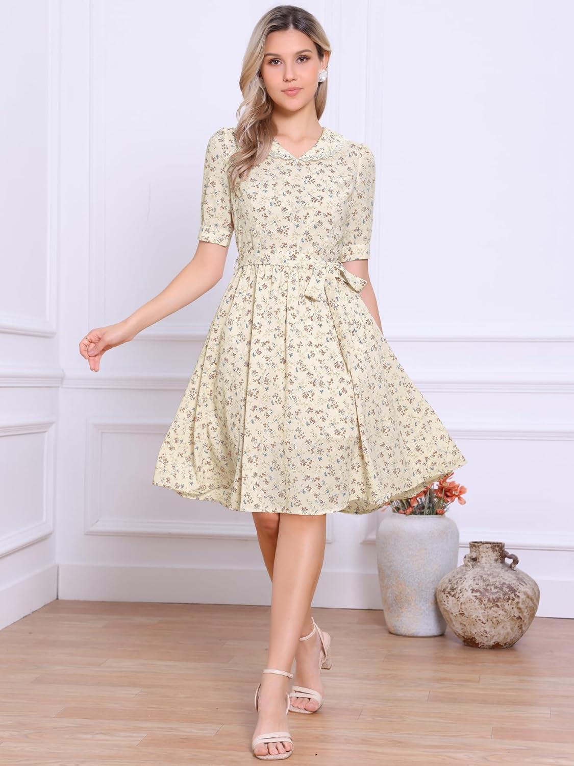imageAllegra K Womens Vintage Peter Pan Collar High Waist Flowy Midi Puff Sleeve Floral DressLight Beige