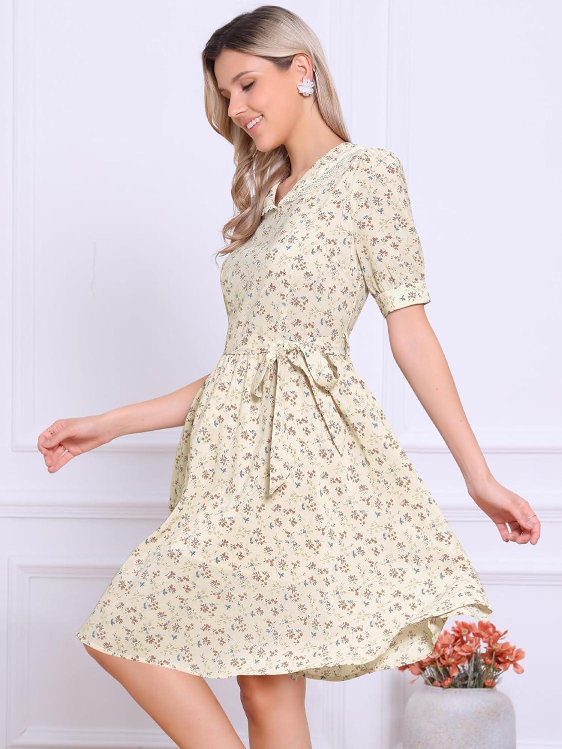 imageAllegra K Womens Vintage Peter Pan Collar High Waist Flowy Midi Puff Sleeve Floral DressLight Beige