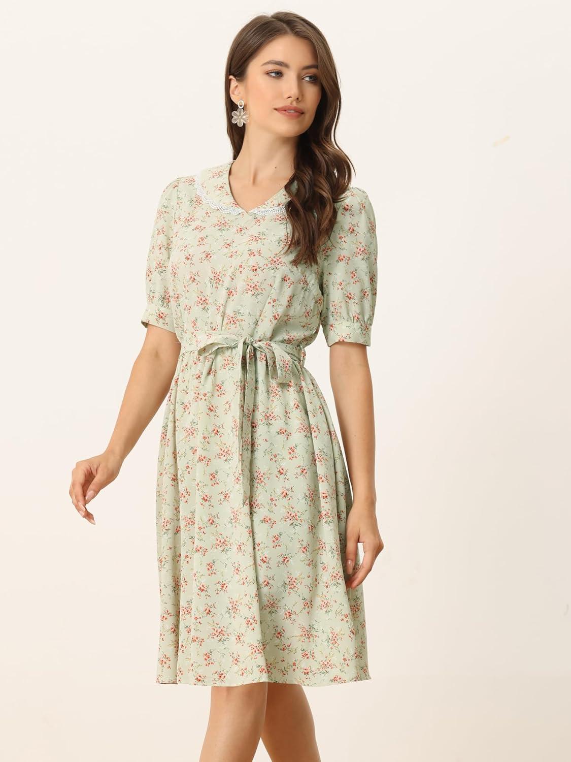 imageAllegra K Womens Vintage Peter Pan Collar High Waist Flowy Midi Puff Sleeve Floral DressLight Green
