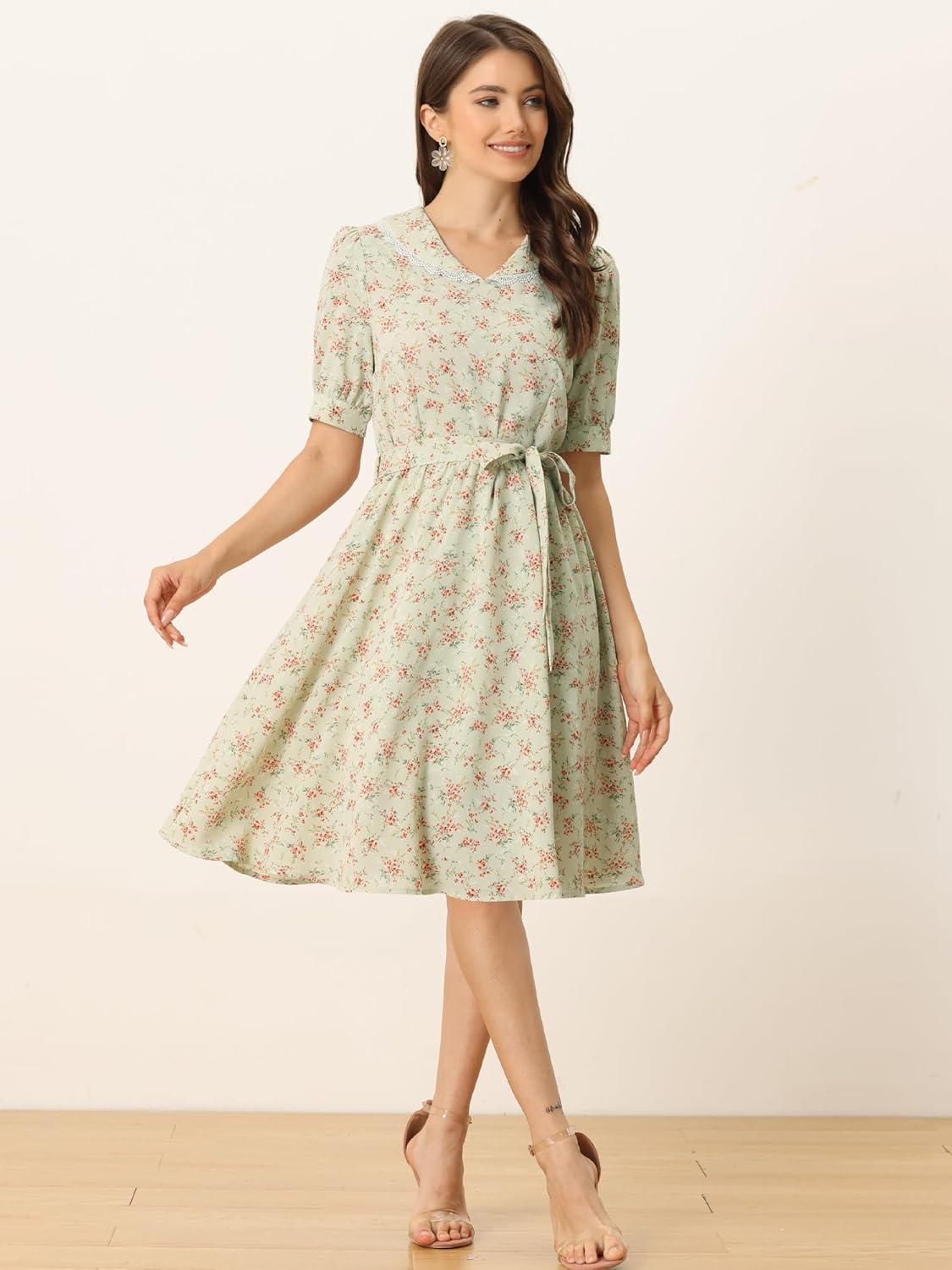 imageAllegra K Womens Vintage Peter Pan Collar High Waist Flowy Midi Puff Sleeve Floral DressLight Green