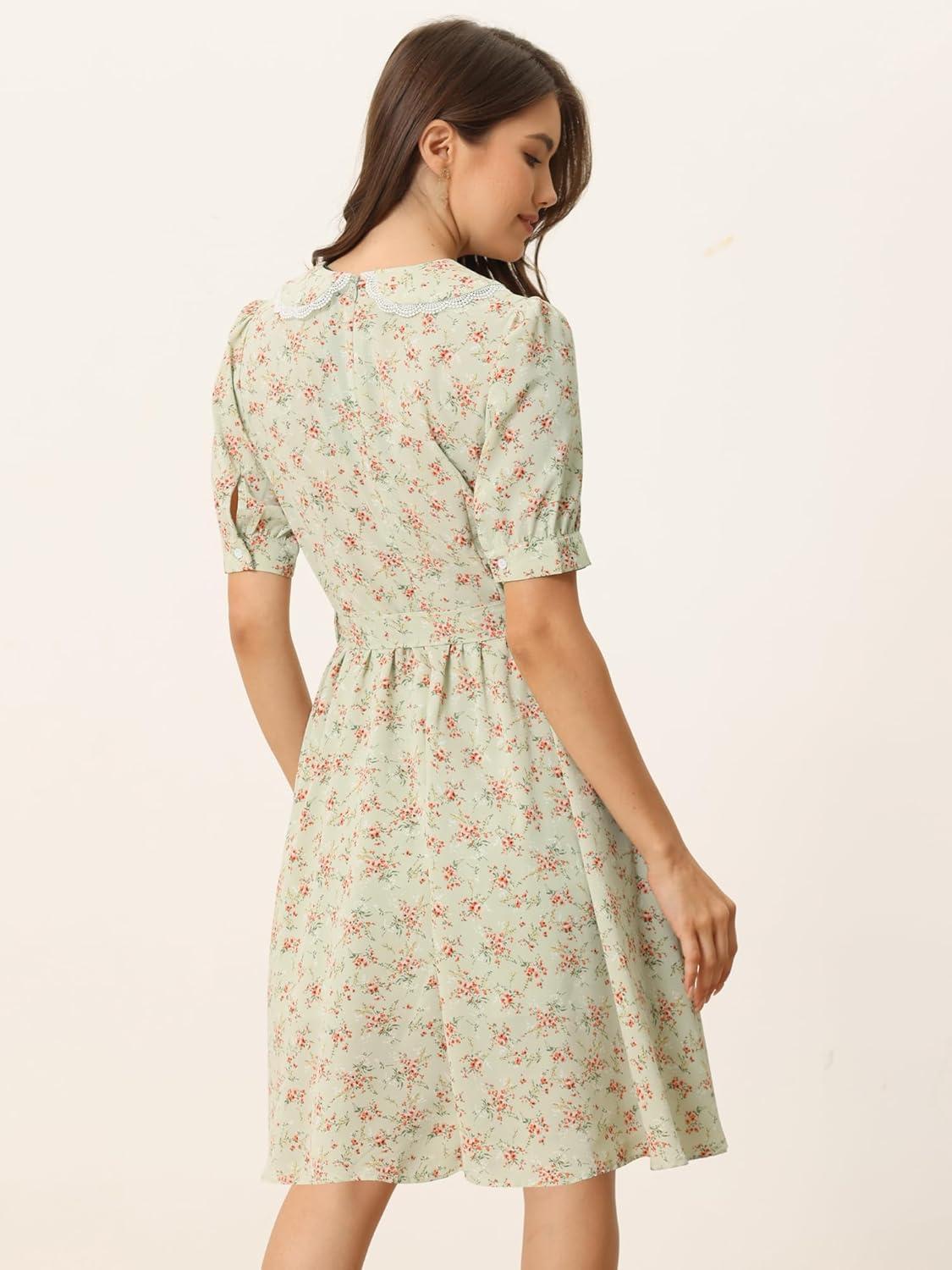 imageAllegra K Womens Vintage Peter Pan Collar High Waist Flowy Midi Puff Sleeve Floral DressLight Green