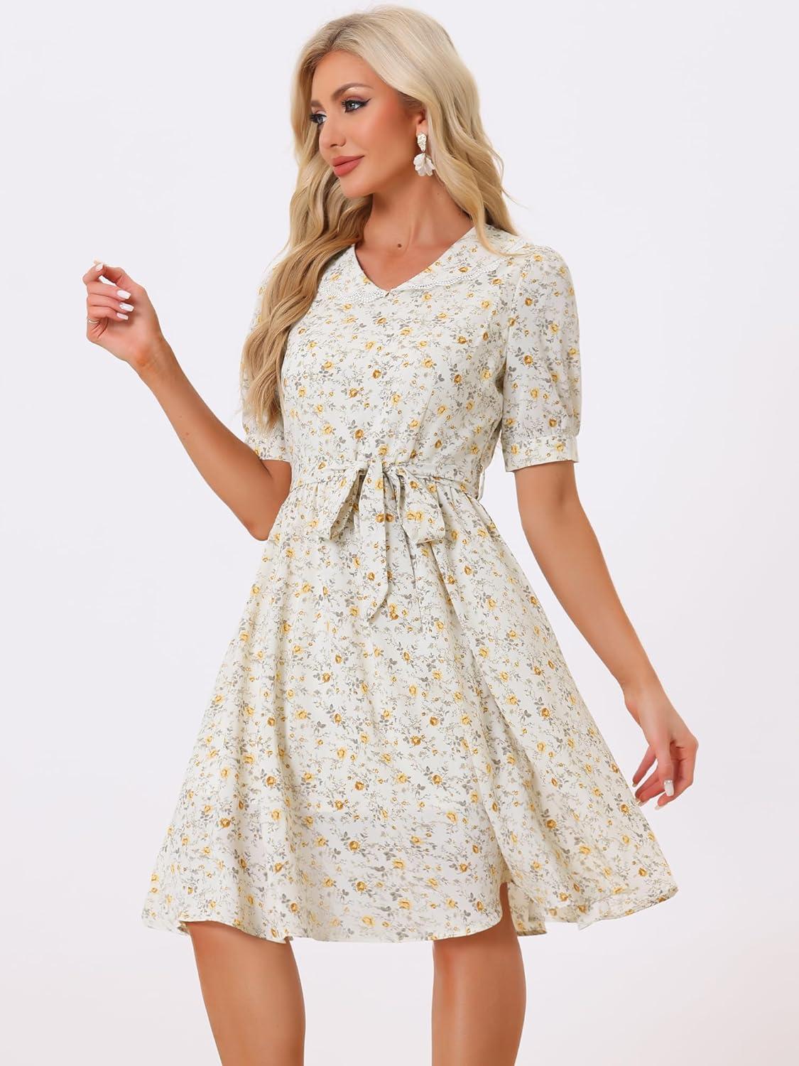 imageAllegra K Womens Vintage Peter Pan Collar High Waist Flowy Midi Puff Sleeve Floral DressLight Yellow