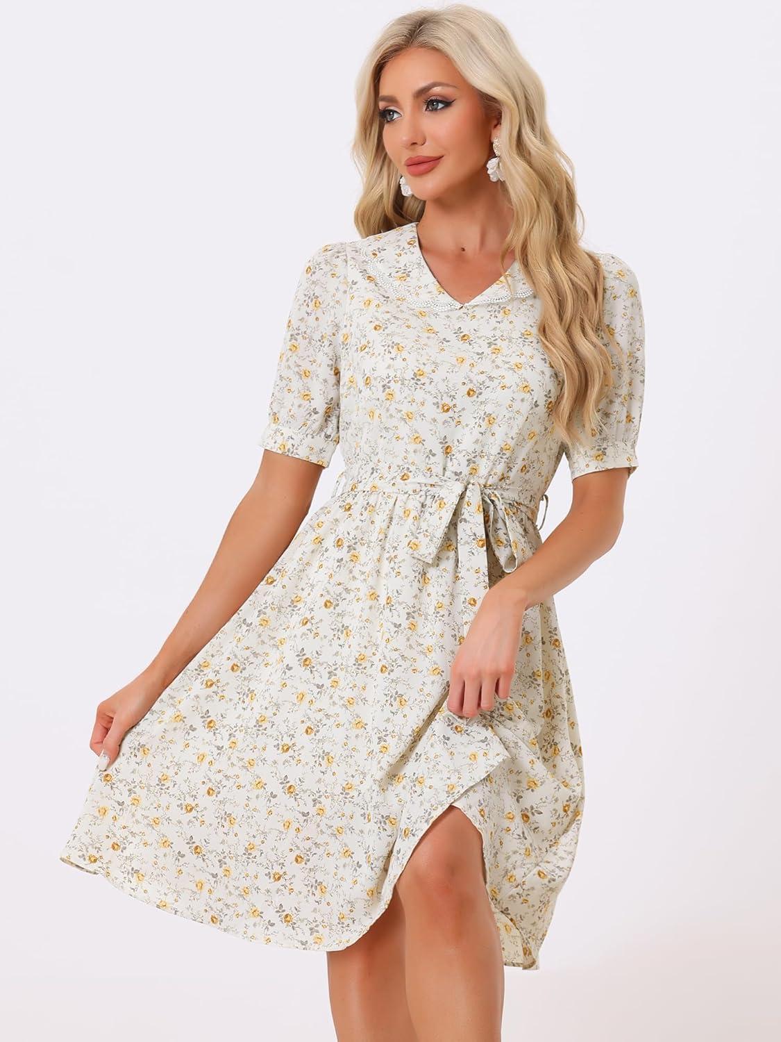 imageAllegra K Womens Vintage Peter Pan Collar High Waist Flowy Midi Puff Sleeve Floral DressLight Yellow