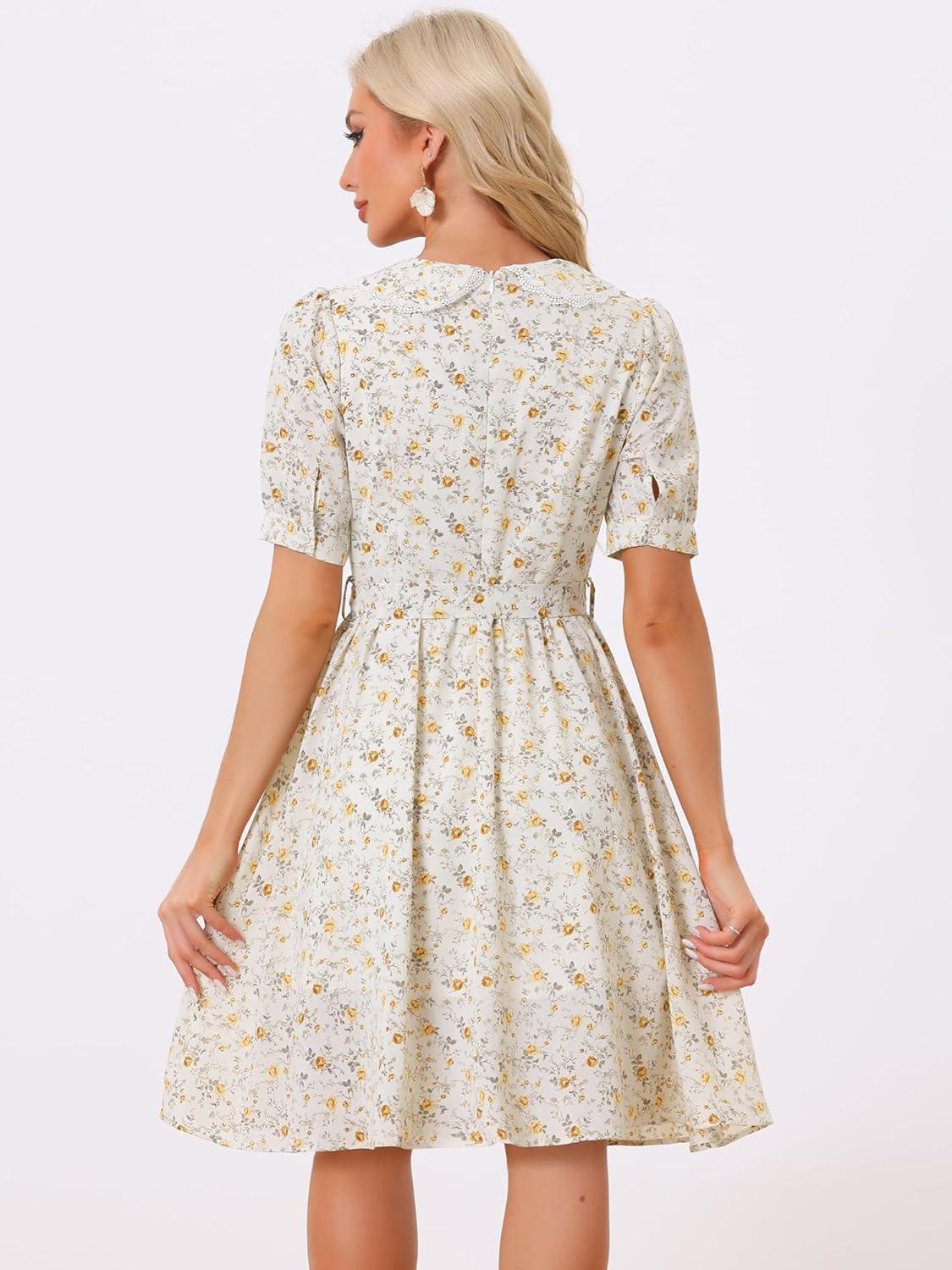 imageAllegra K Womens Vintage Peter Pan Collar High Waist Flowy Midi Puff Sleeve Floral DressLight Yellow