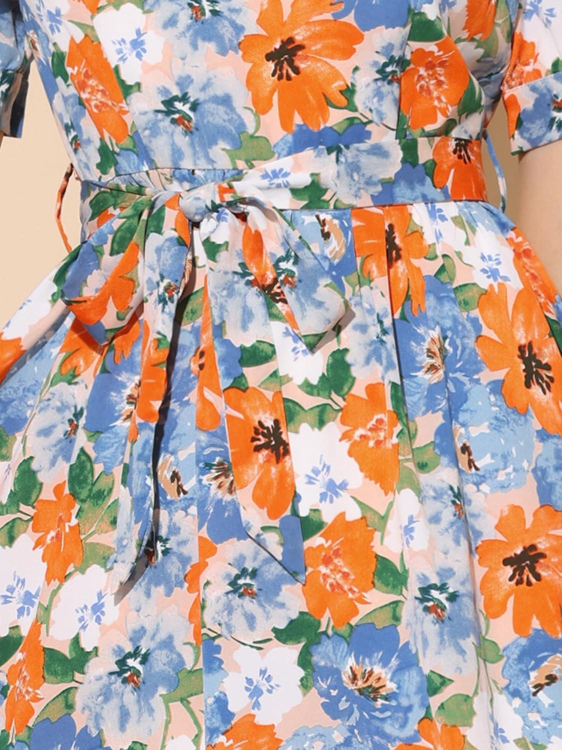 imageAllegra K Womens Vintage Peter Pan Collar High Waist Flowy Midi Puff Sleeve Floral DressOrange Blue