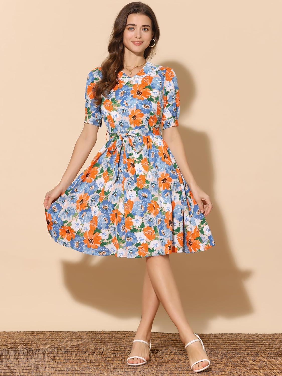 imageAllegra K Womens Vintage Peter Pan Collar High Waist Flowy Midi Puff Sleeve Floral DressOrange Blue