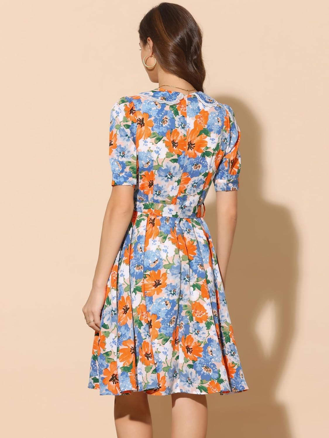 imageAllegra K Womens Vintage Peter Pan Collar High Waist Flowy Midi Puff Sleeve Floral DressOrange Blue