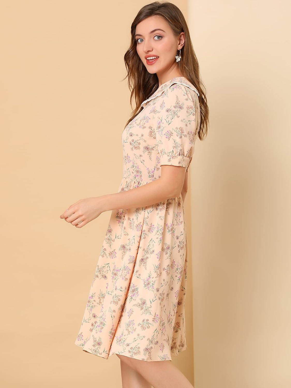 imageAllegra K Womens Vintage Peter Pan Collar High Waist Flowy Midi Puff Sleeve Floral DressPink