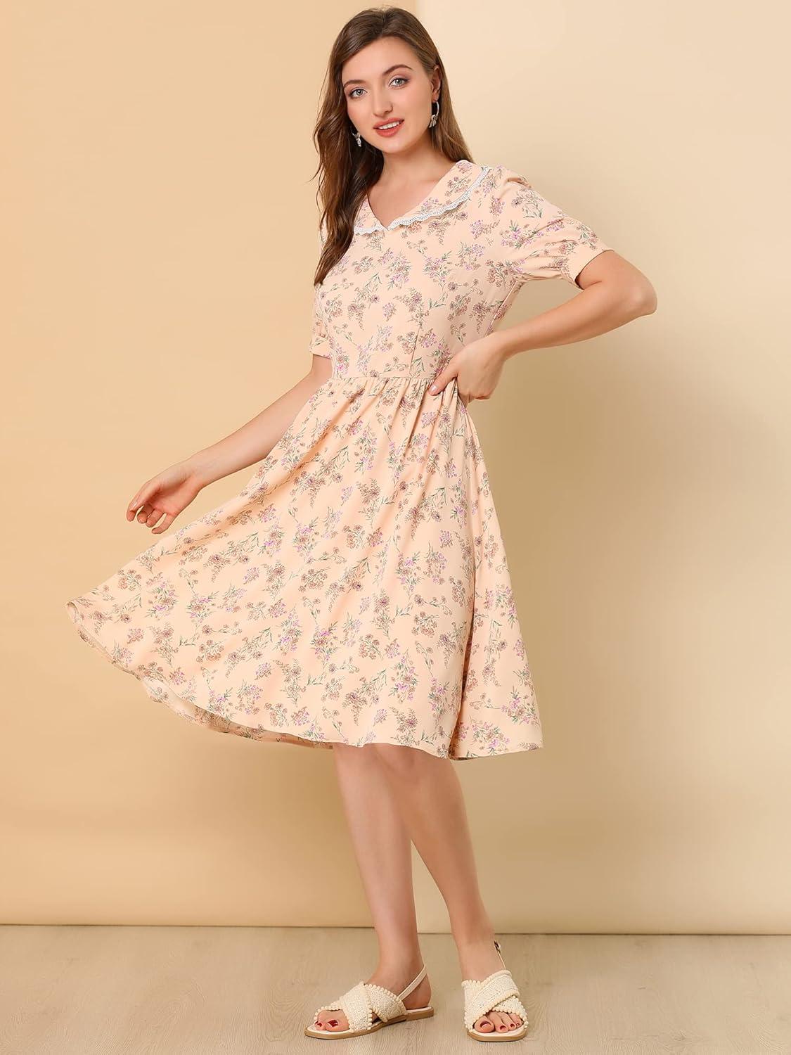 imageAllegra K Womens Vintage Peter Pan Collar High Waist Flowy Midi Puff Sleeve Floral DressPink