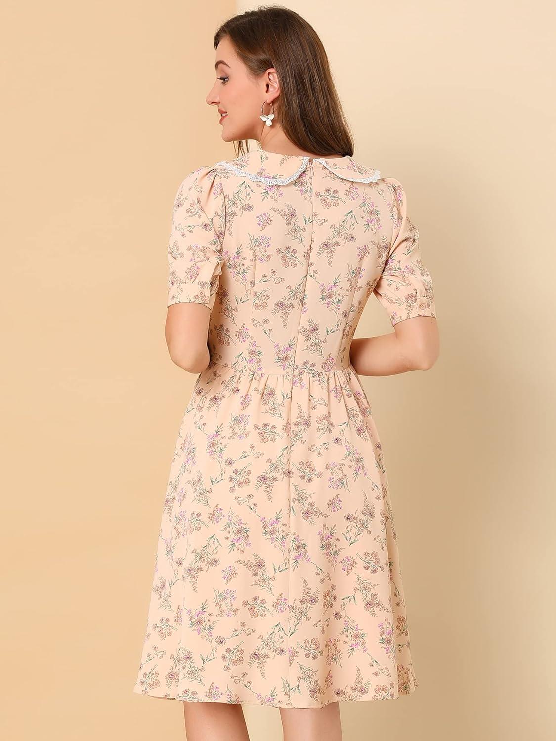 imageAllegra K Womens Vintage Peter Pan Collar High Waist Flowy Midi Puff Sleeve Floral DressPink