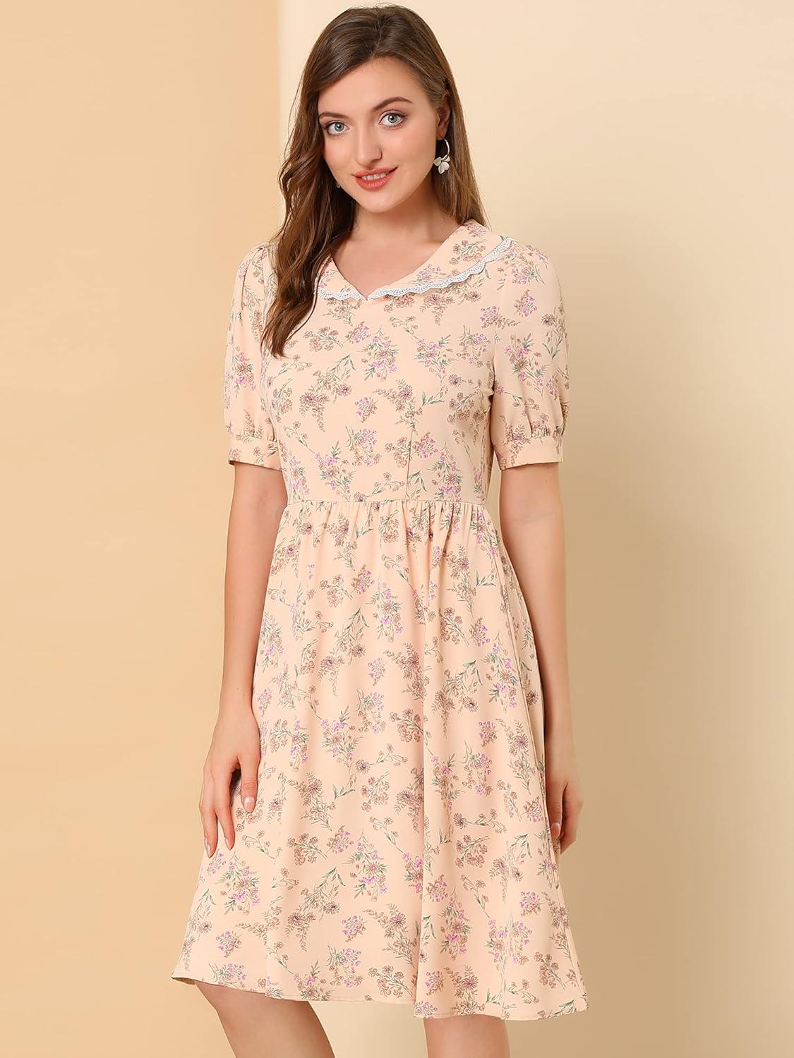 imageAllegra K Womens Vintage Peter Pan Collar High Waist Flowy Midi Puff Sleeve Floral DressPink