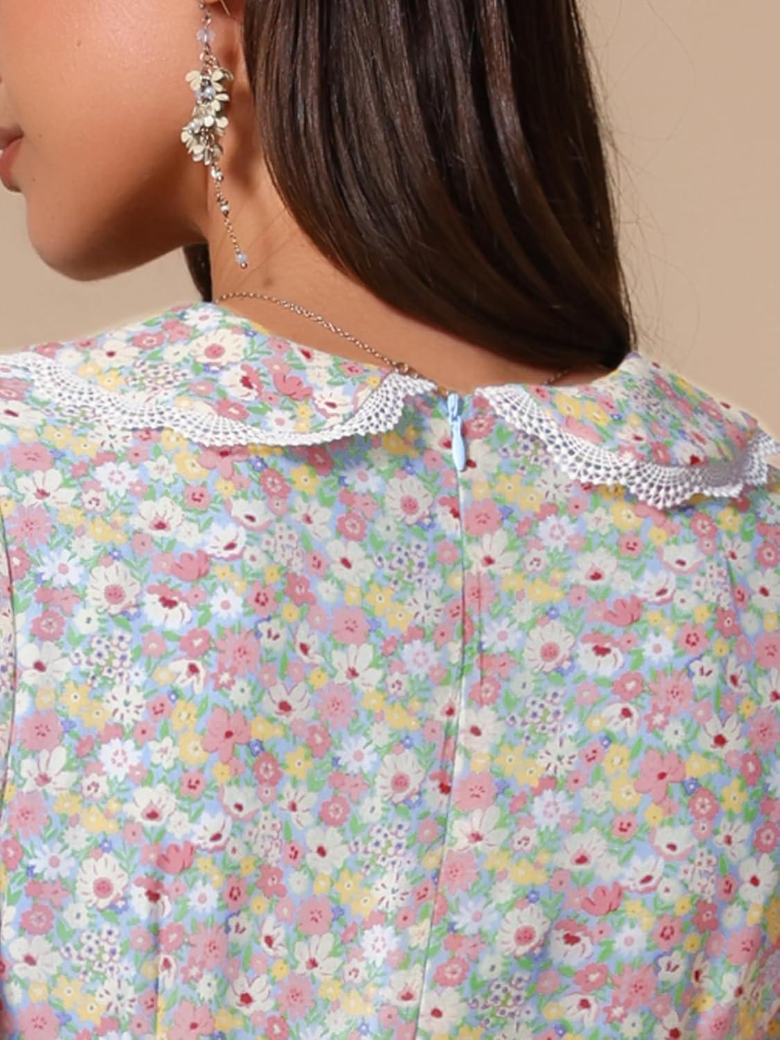 imageAllegra K Womens Vintage Peter Pan Collar High Waist Flowy Midi Puff Sleeve Floral DressRetro Light Blue