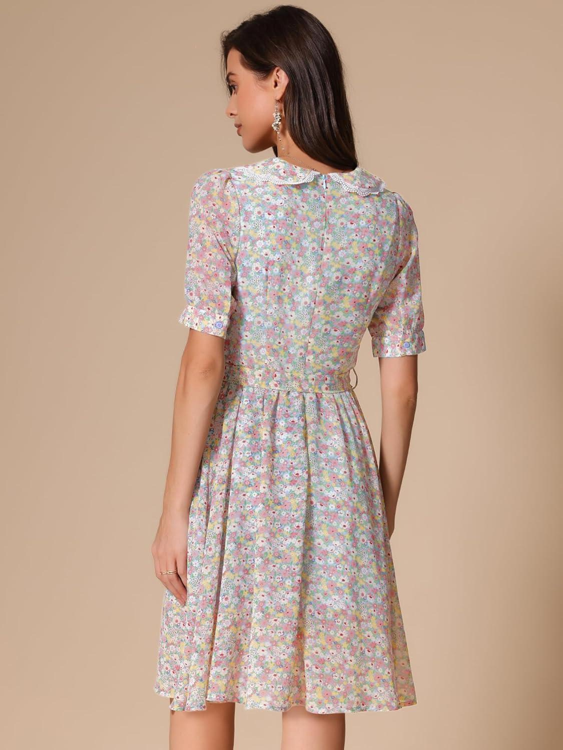 imageAllegra K Womens Vintage Peter Pan Collar High Waist Flowy Midi Puff Sleeve Floral DressRetro Light Blue