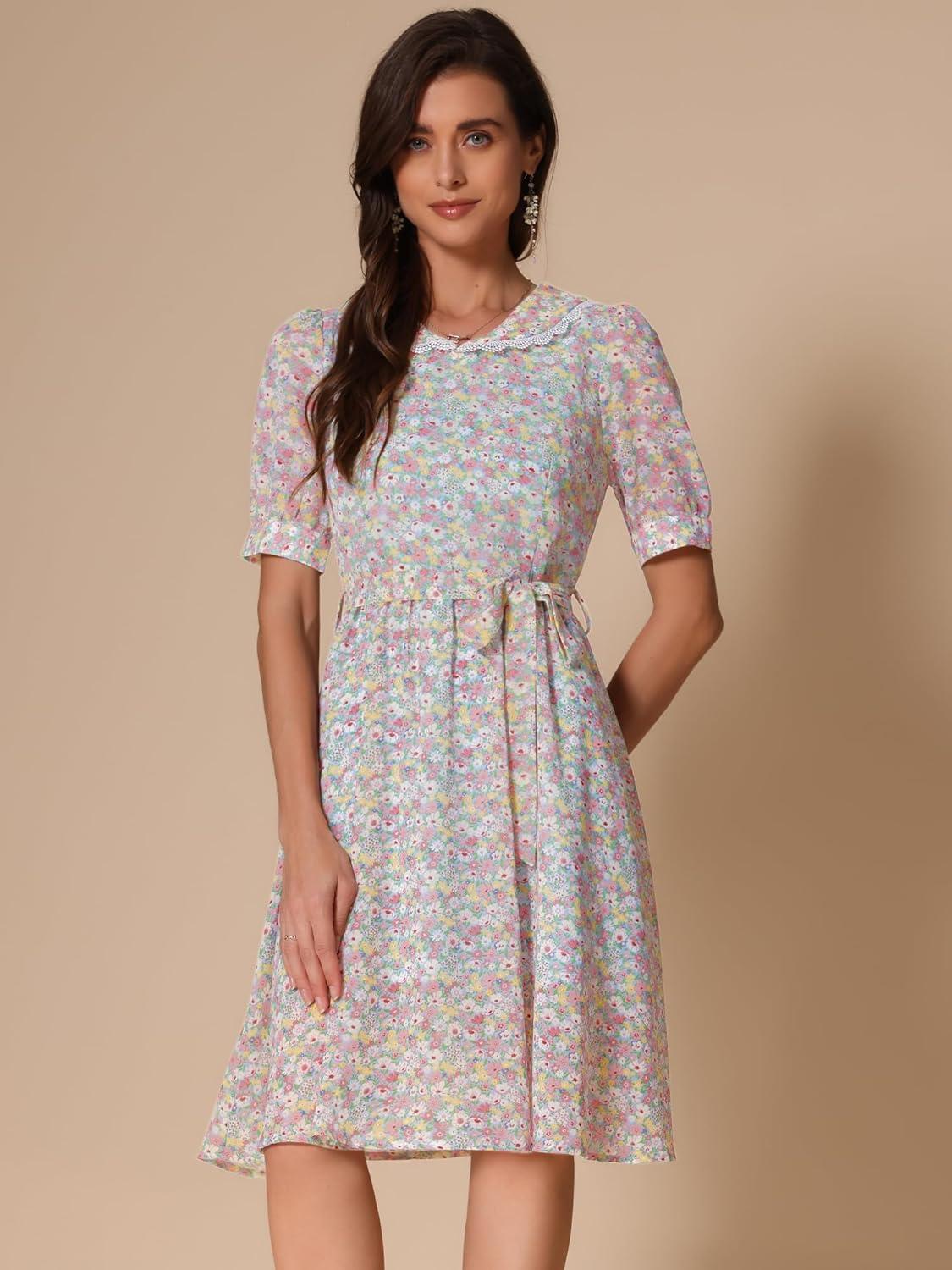 imageAllegra K Womens Vintage Peter Pan Collar High Waist Flowy Midi Puff Sleeve Floral DressRetro Light Blue